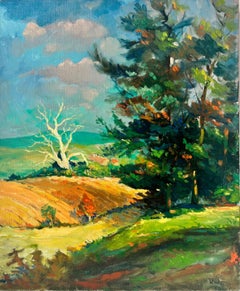 French Post Impressionist Signed Oil Painting Warm Open Landscape with Trees