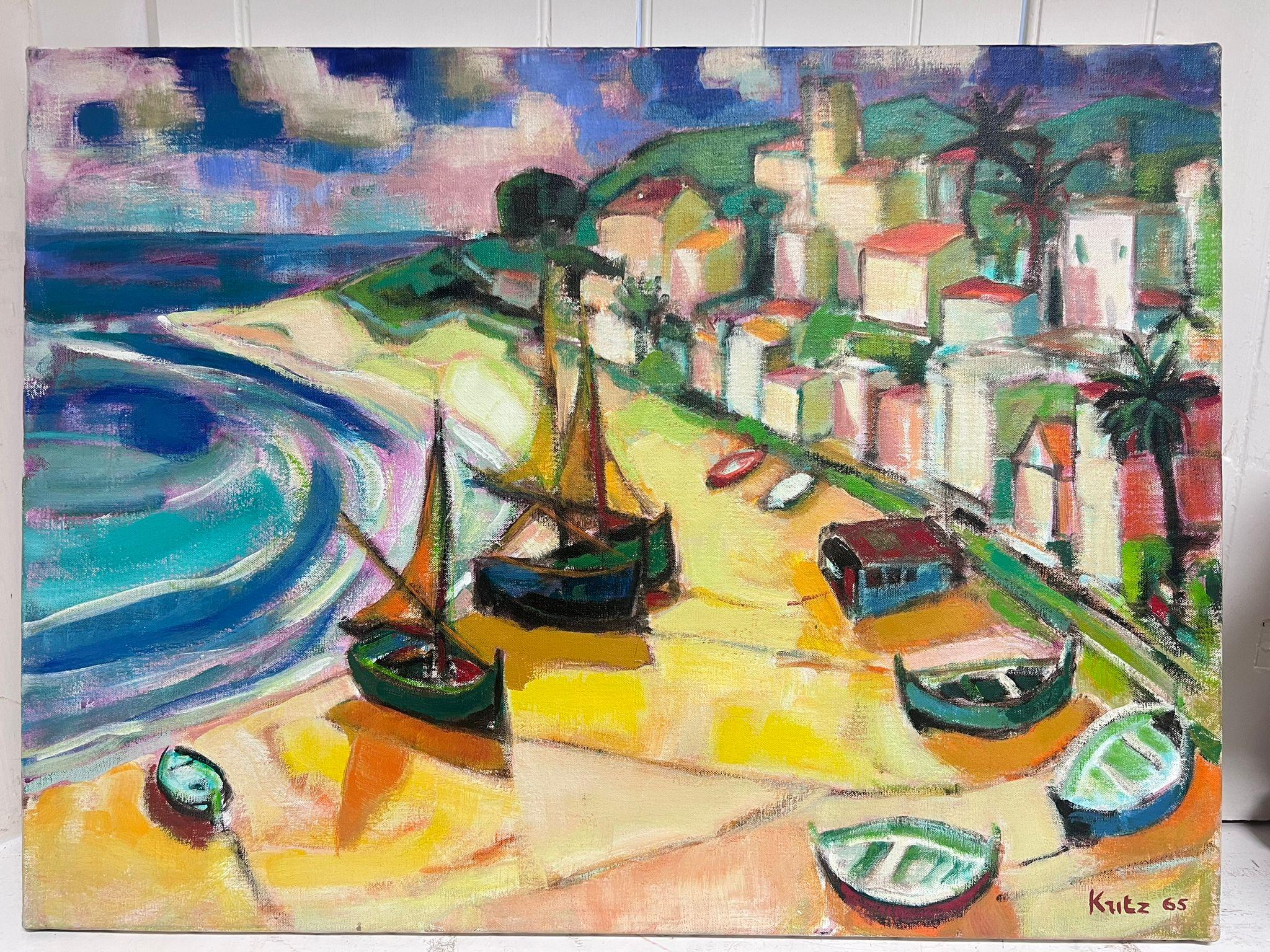 Enorme pittura ad olio firmata, cubista modernista francese degli anni '60, scena di spiaggia di Sunny Med - Painting di Michel Kritz