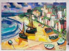 Huge 1960's French Cubist Modernist Signed Oil Painting Sunny Med Beach Scene