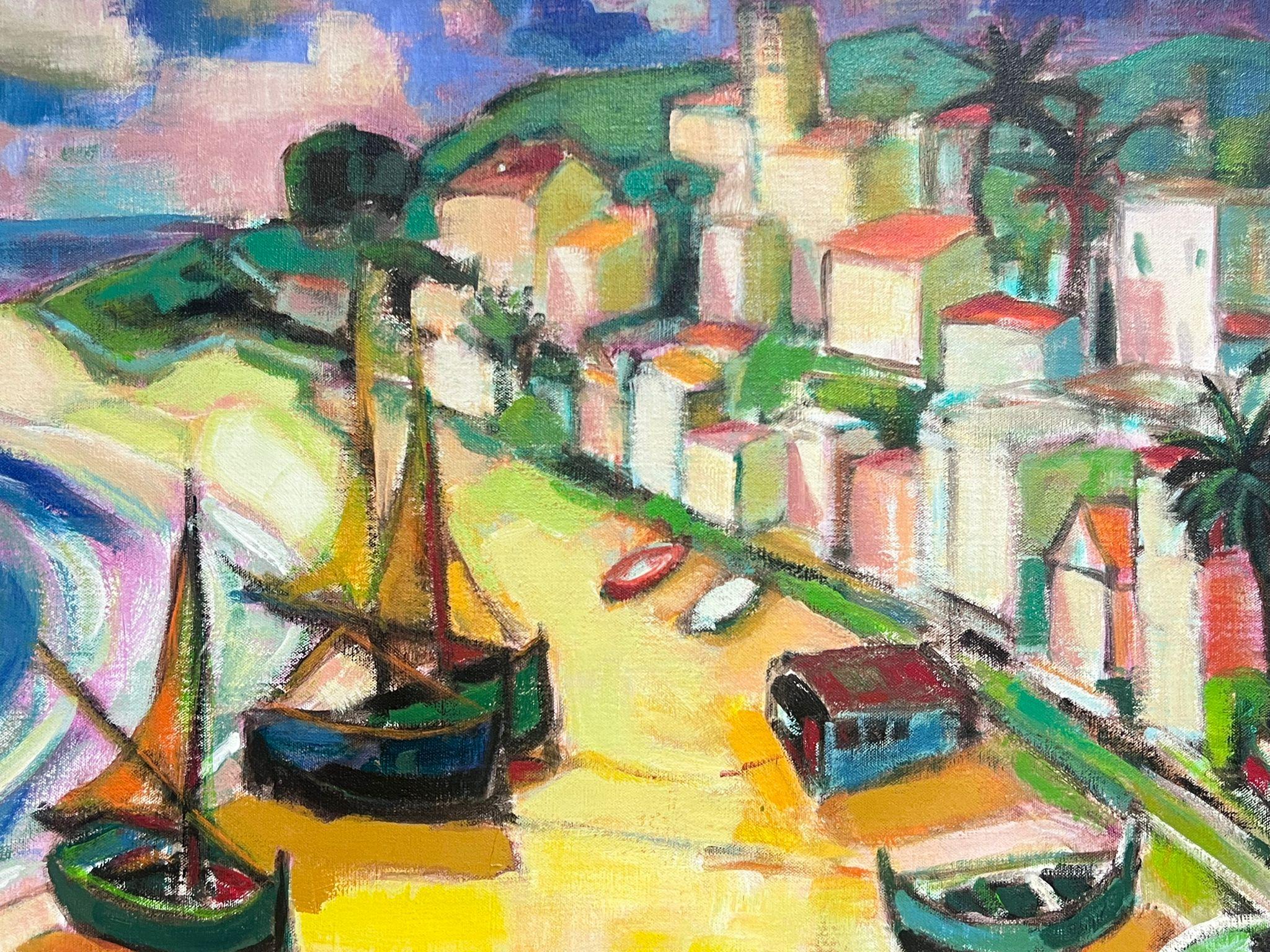 Enorme pittura ad olio firmata, cubista modernista francese degli anni '60, scena di spiaggia di Sunny Med - Painting Impressionismo di Michel Kritz