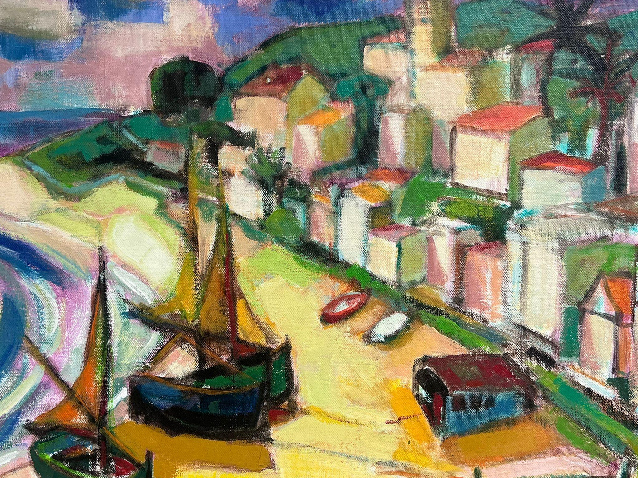 Enorme pittura ad olio firmata, cubista modernista francese degli anni '60, scena di spiaggia di Sunny Med - Landscape Painting Marrone di Michel Kritz