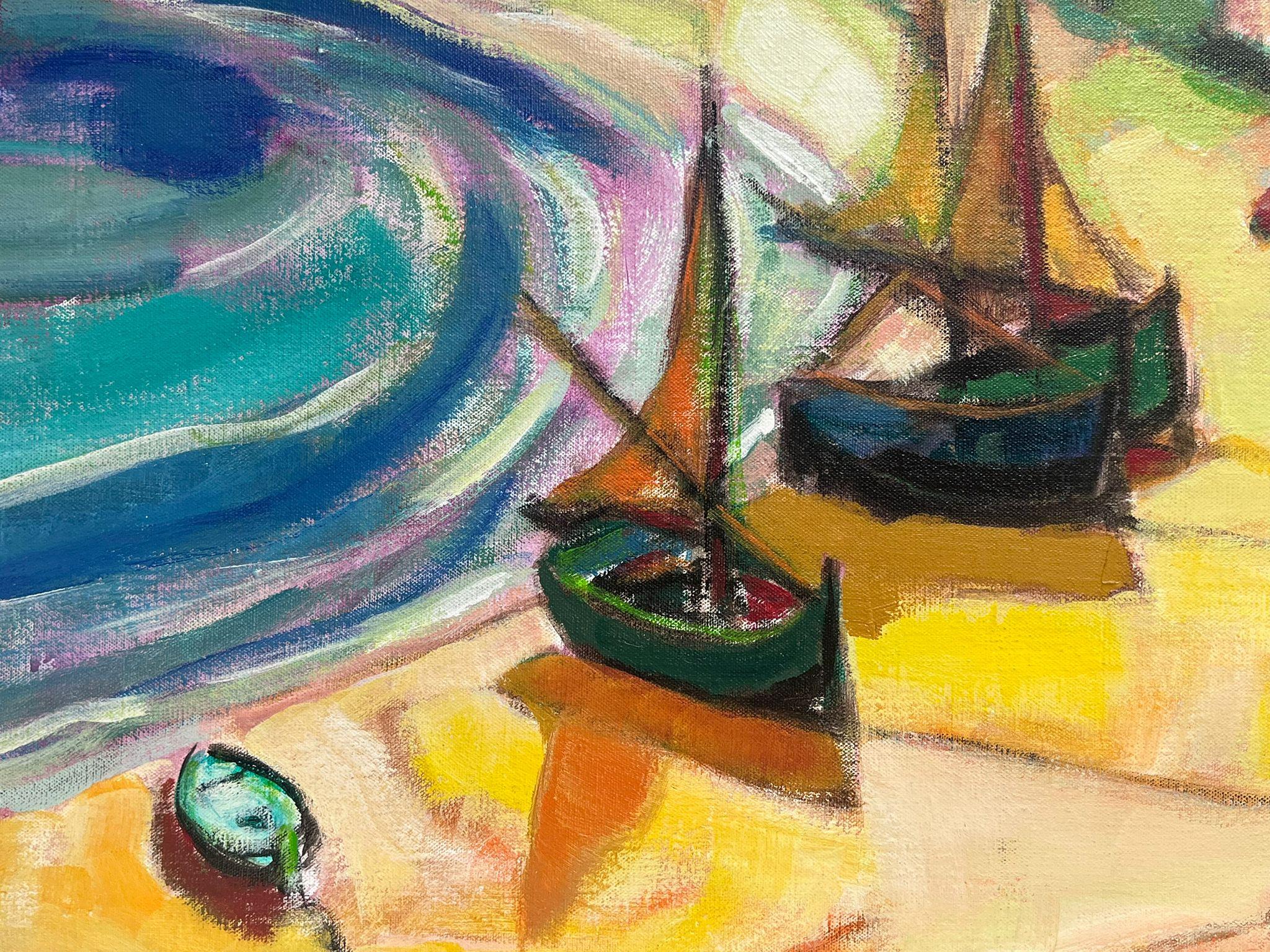 Enorme pittura ad olio firmata, cubista modernista francese degli anni '60, scena di spiaggia di Sunny Med in vendita 1