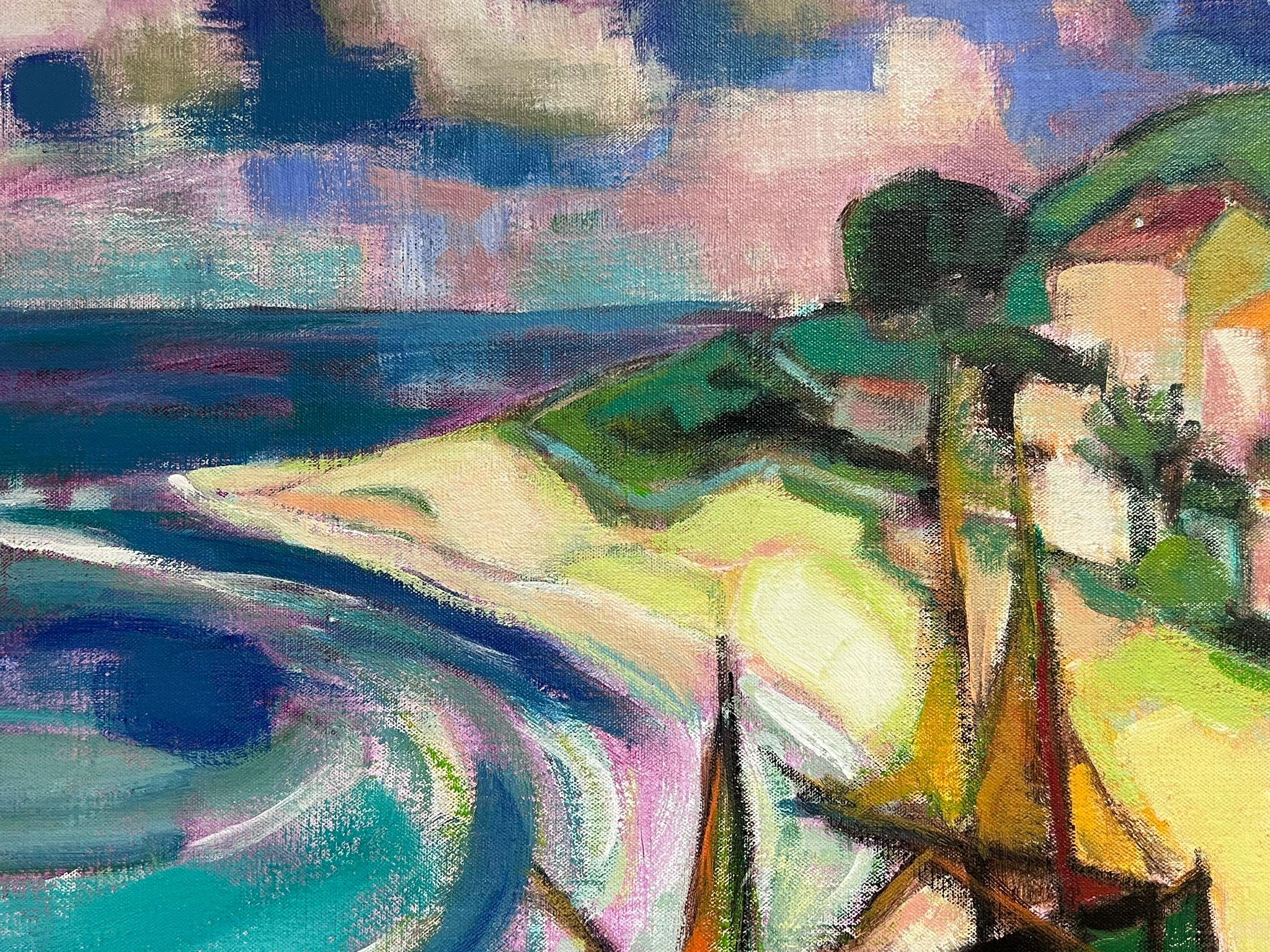 Enorme pittura ad olio firmata, cubista modernista francese degli anni '60, scena di spiaggia di Sunny Med in vendita 2