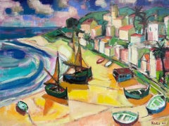 Huge 1960's French Cubist Modernist Signed Oil Painting Sunny Med Beach Scene