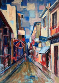 Immense peinture à l'huile cubiste moderniste française des années 1960 Scène de rue en ville avec couleurs