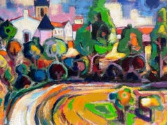 Huge 1960's French Modernist Signed Oil Painting View of Colorful Town Gardens