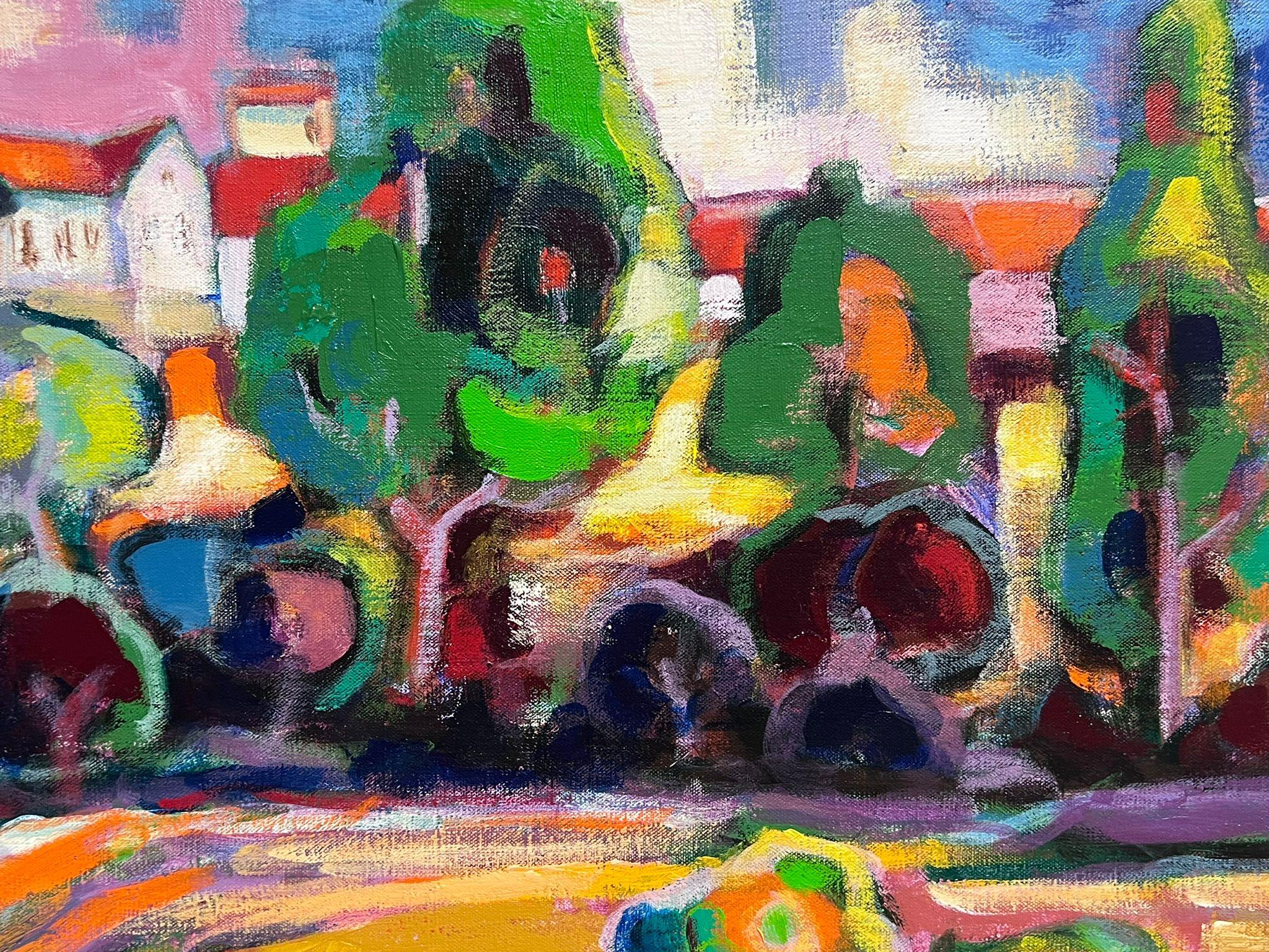 Huge 1960's French Modernist Signed Oil Painting View of Colorful Town Gardens For Sale 3