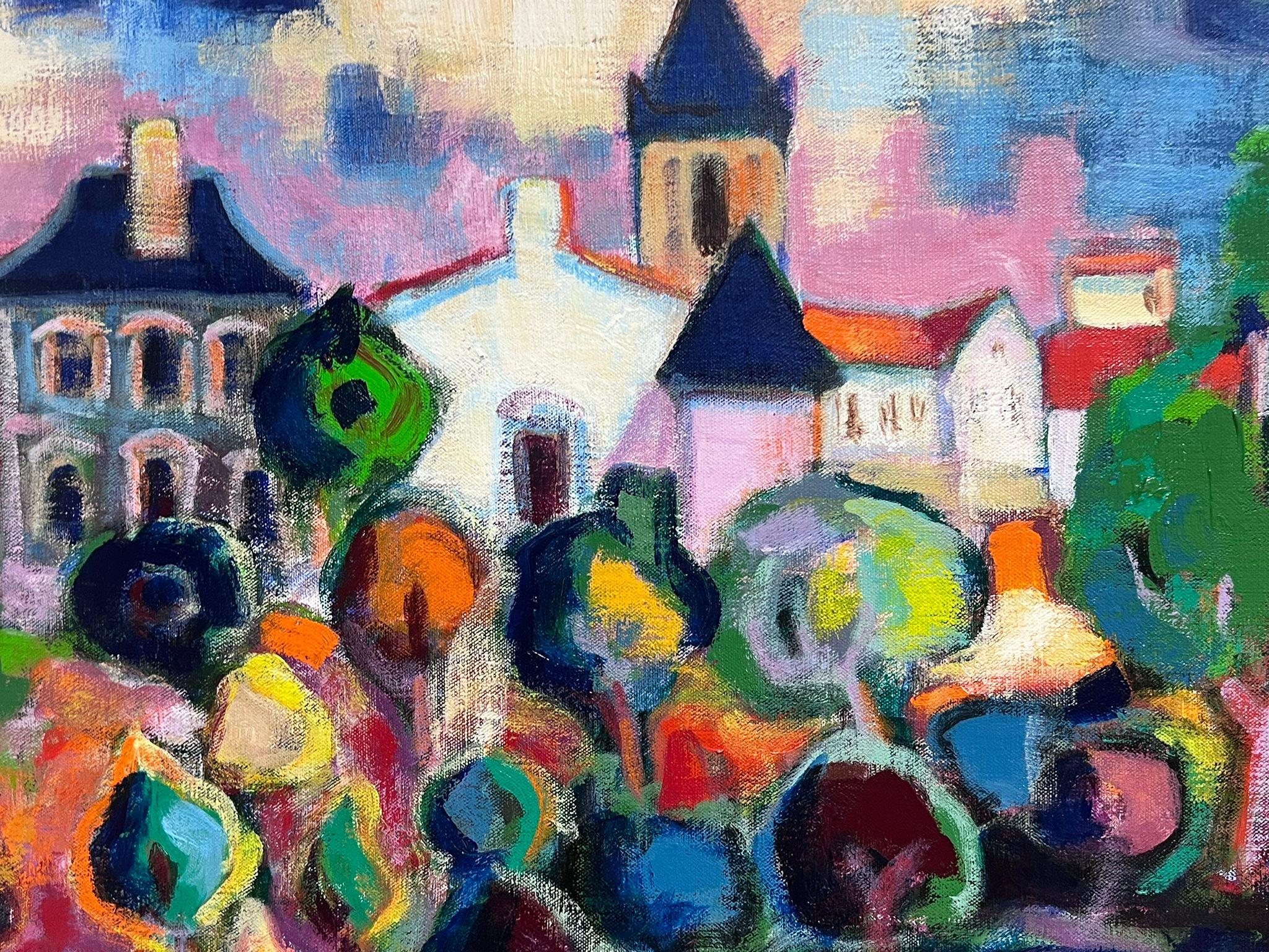 Huge 1960's French Modernist Signed Oil Painting View of Colorful Town Gardens For Sale 4