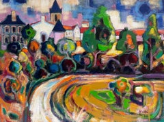 Huge 1960's French Modernist Signed Oil Painting View of Colorful Town Gardens