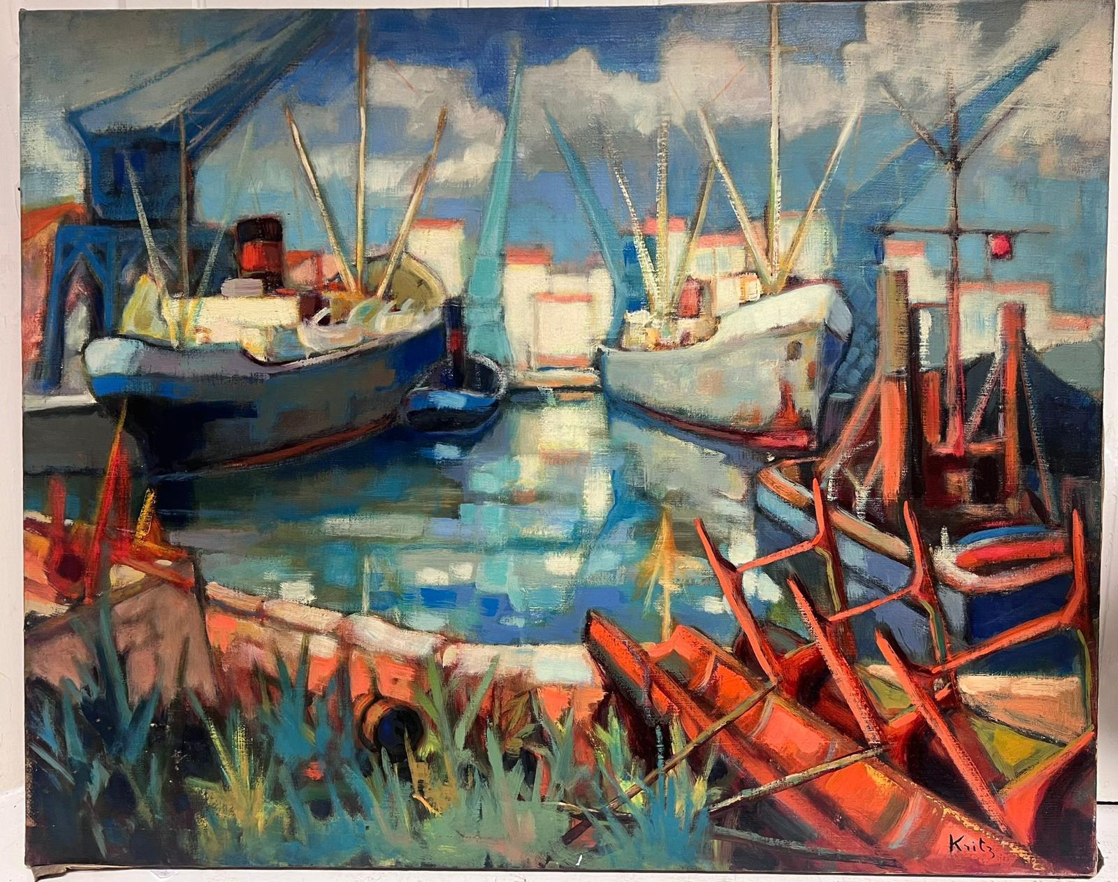 Immense peinture à l'huile post-impressionniste française signée des années 1960 Bateaux dans le port - Painting de Michel Kritz