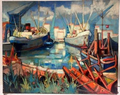 Enorme óleo francés postimpresionista firmado años 60 Barcos en el puerto