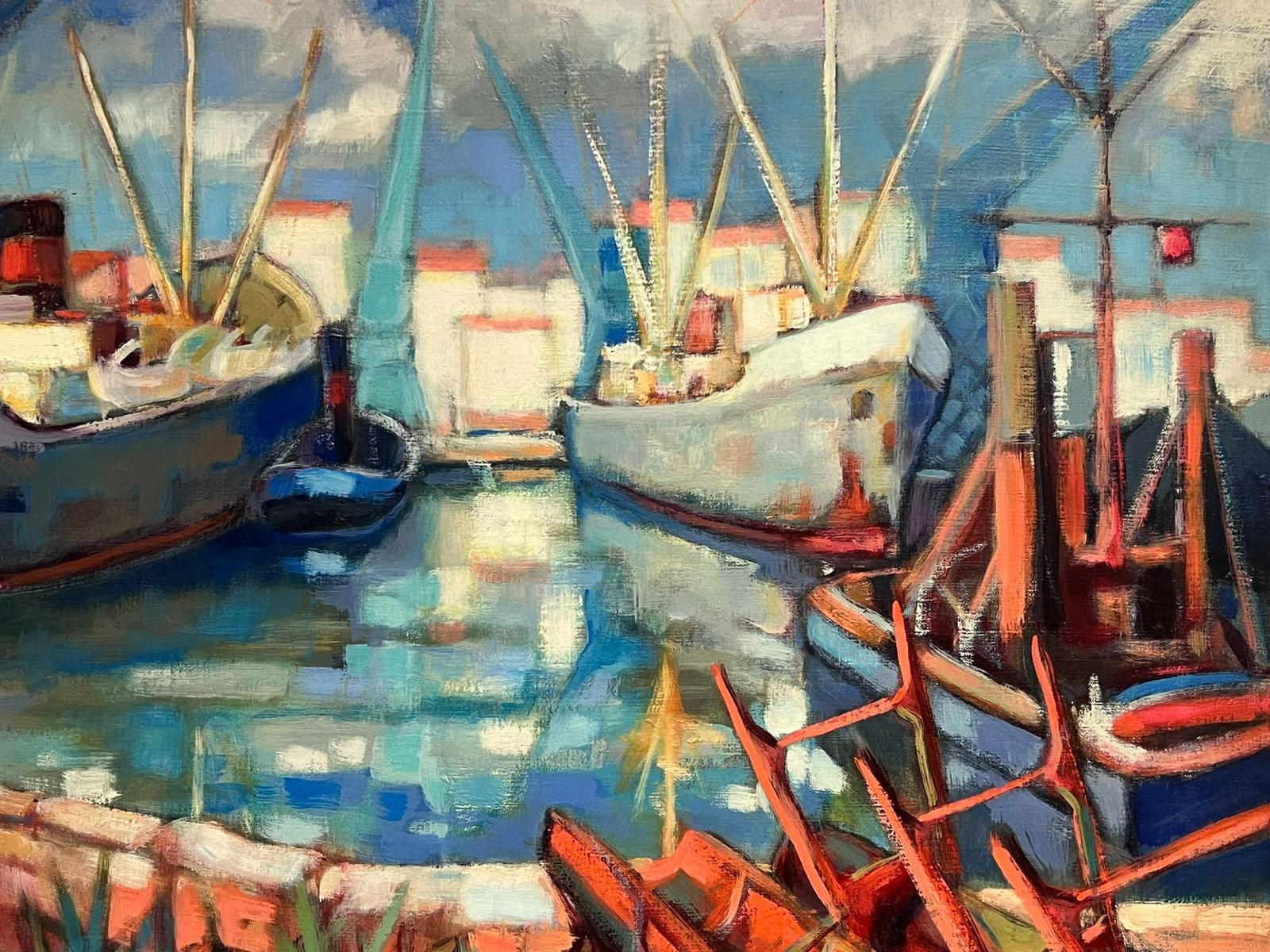 Huge French Post Impressionist Signed 1960's Oil Painting Boats in Harbor For Sale 1