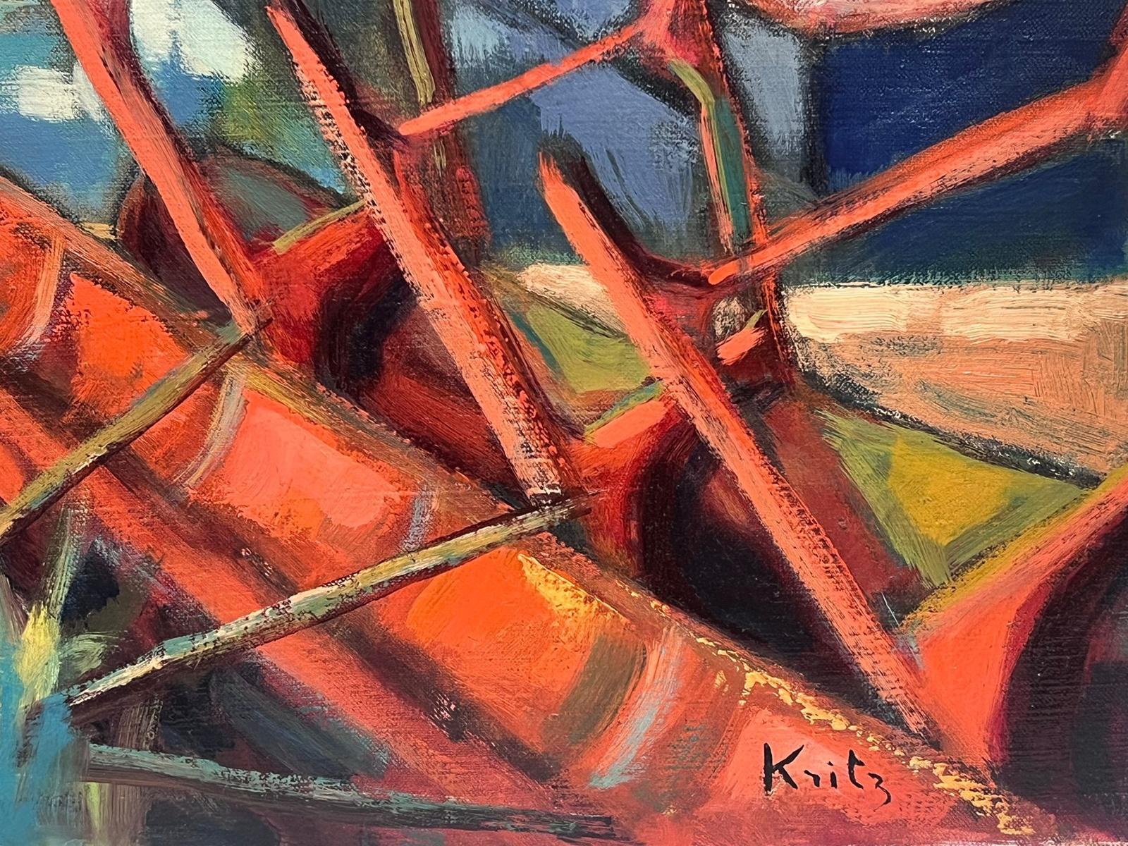 Immense peinture à l'huile post-impressionniste française signée des années 1960 Bateaux dans le port en vente 1