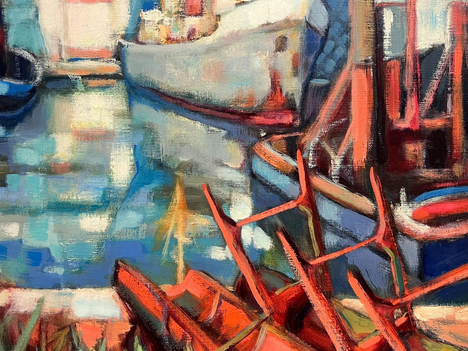 Huge French Post Impressionist Signed 1960's Oil Painting Boats in Harbor For Sale 4
