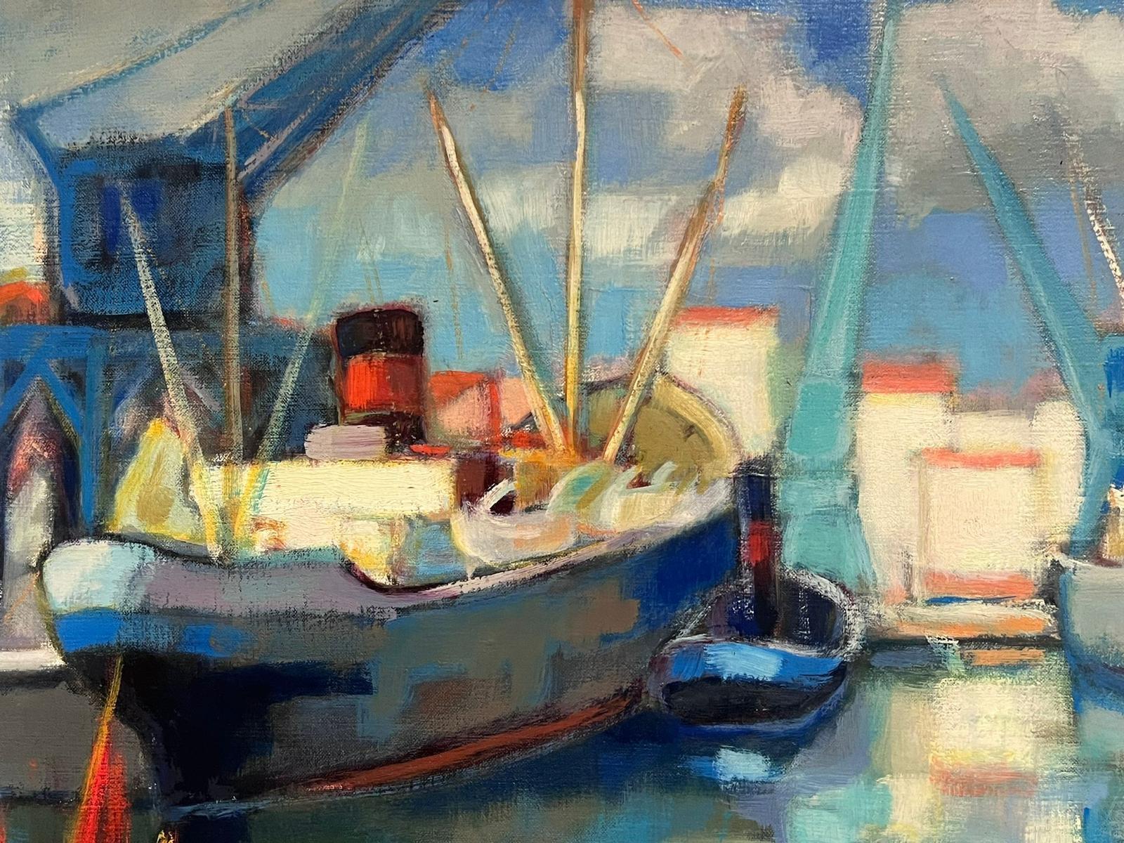 Immense peinture à l'huile post-impressionniste française signée des années 1960 Bateaux dans le port en vente 3
