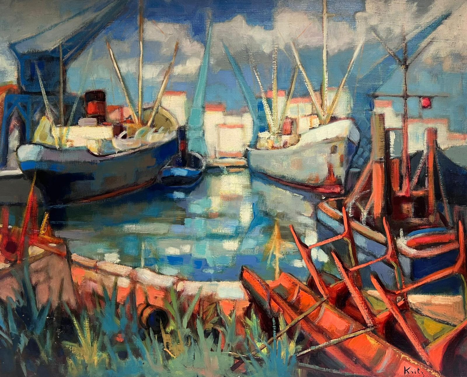 Landscape Painting Michel Kritz - Immense peinture à l'huile post-impressionniste française signée des années 1960 Bateaux dans le port