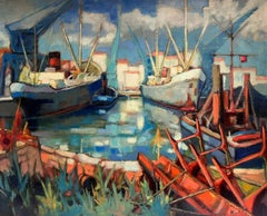 Immense peinture à l'huile post-impressionniste française signée des années 1960 Bateaux dans le port