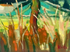 Grande dipinto a olio cubista modernista francese degli anni '60 Tetti rossi Paesaggio del villaggio