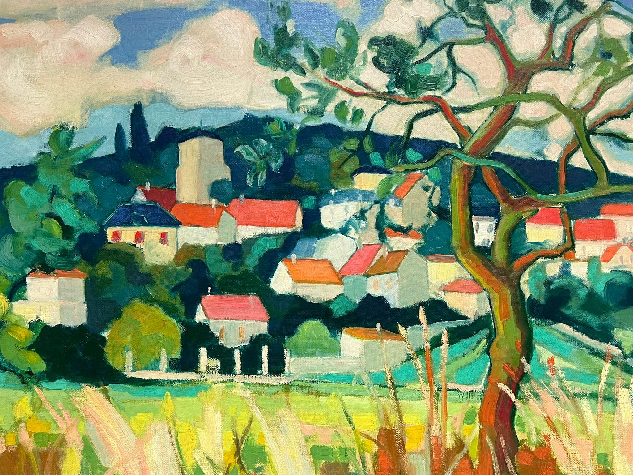 Large 1960's French Cubist Modernist Oil Painting Red Roofs Village Landscape 1