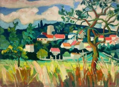 Large 1960's French Cubist Modernist Oil Painting Red Roofs Village Landscape