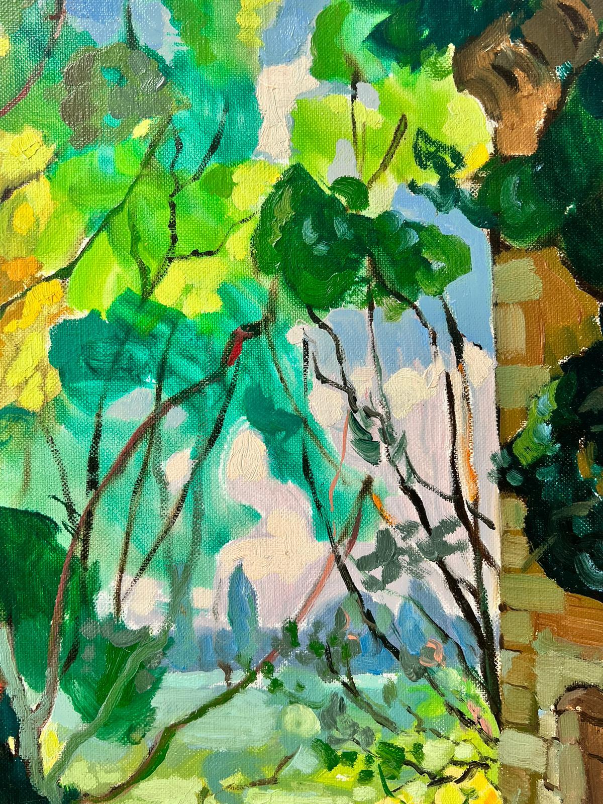 Peinture à l'huile post-impressionniste française signée, Jardinière de château en cuir vert - Painting de Michel Kritz