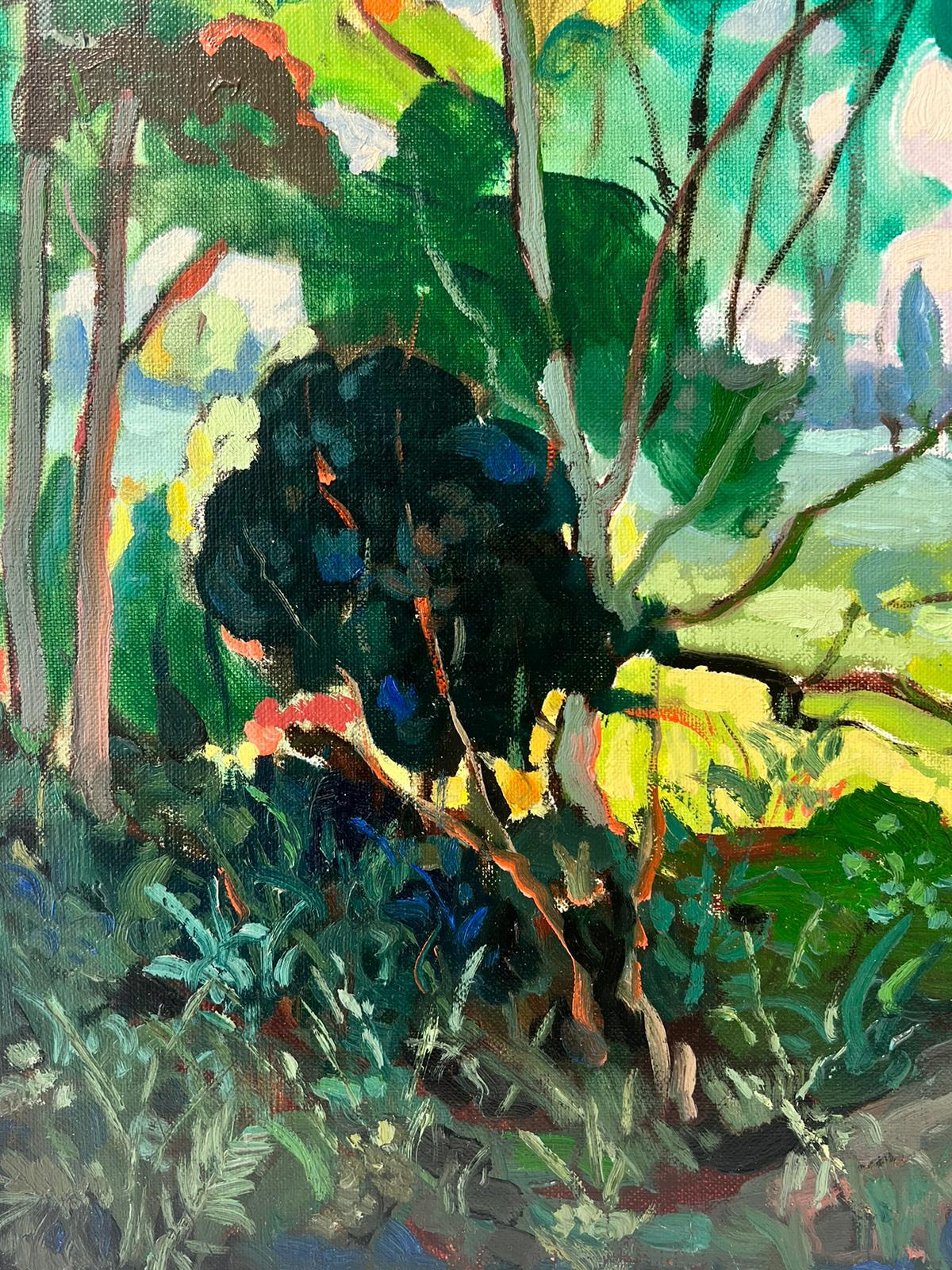 Peinture à l'huile post-impressionniste française signée, Jardinière de château en cuir vert - Impressionnisme Painting par Michel Kritz