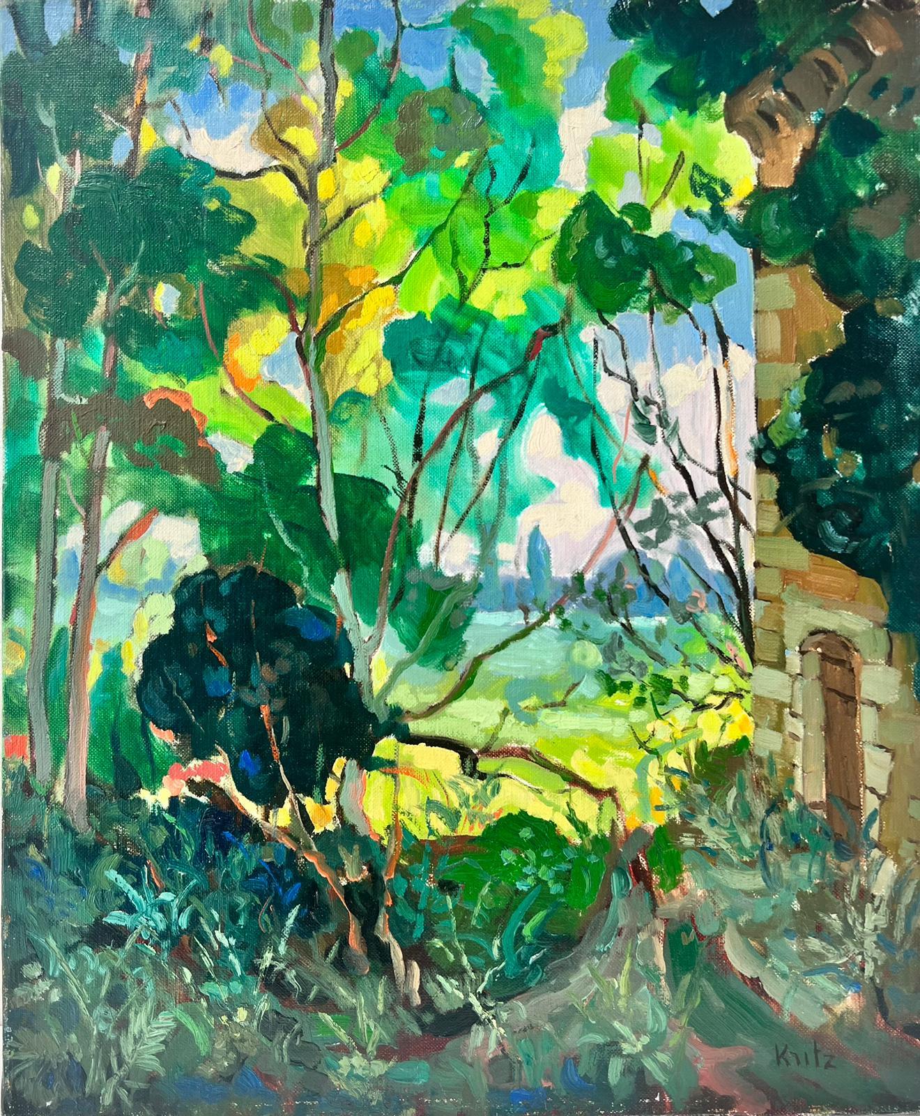 Landscape Painting Michel Kritz - Peinture à l'huile post-impressionniste française signée, Jardinière de château en cuir vert