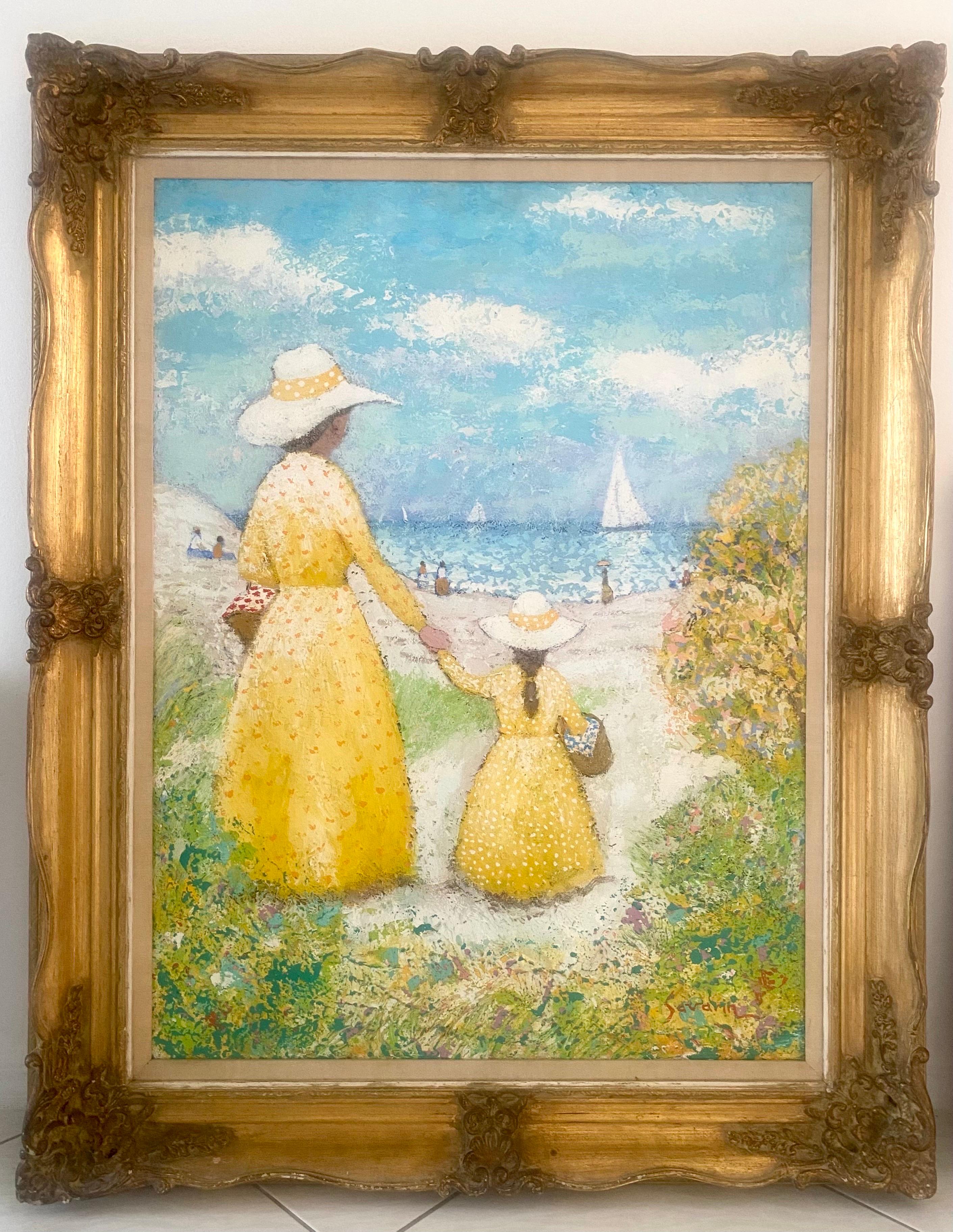 A stunning Impressionist oil on canvas painting of a lovely visit to the beach. A mother and daughter, clothed in matching yellow dresses and hats, stroll hand in hand, while holding picnic baskets, along a path of gorgeous wild flowers towards the