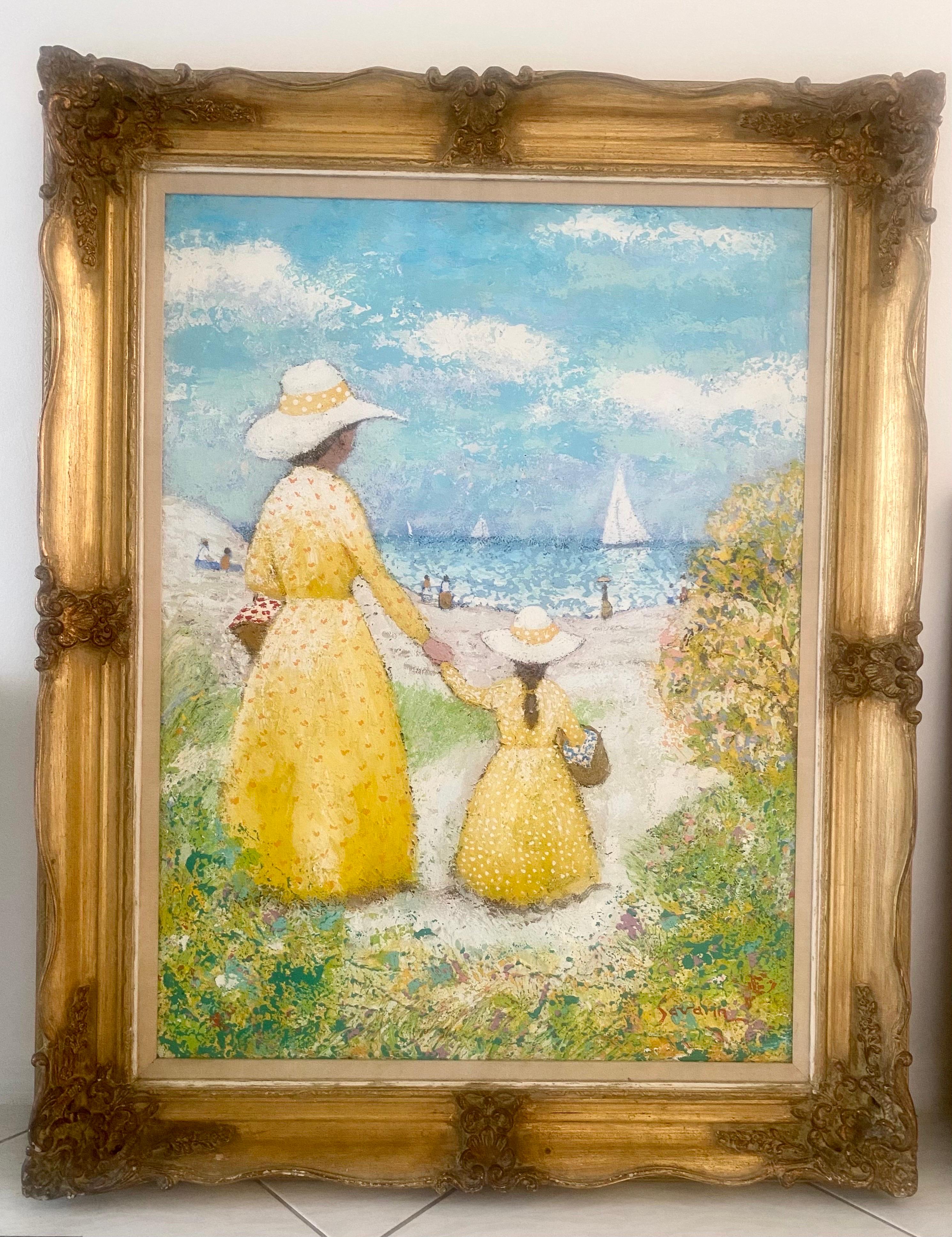 Mid-Century Modern Michel Le Savarin Oil on Canvas Seaside Impressionist Painting