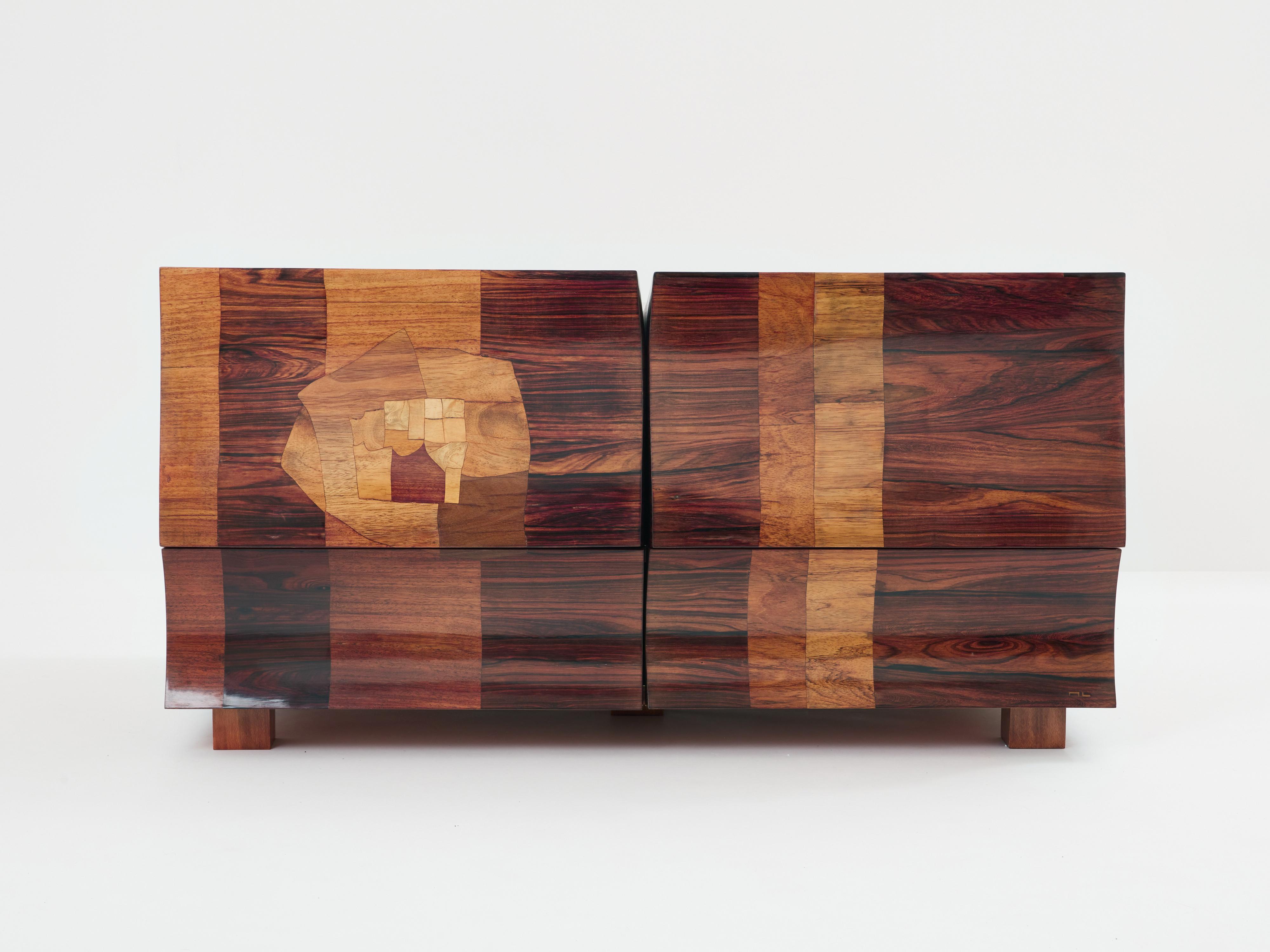 Michel Lefevre veneer marquetry cabinet bar chest 1960 For Sale 2