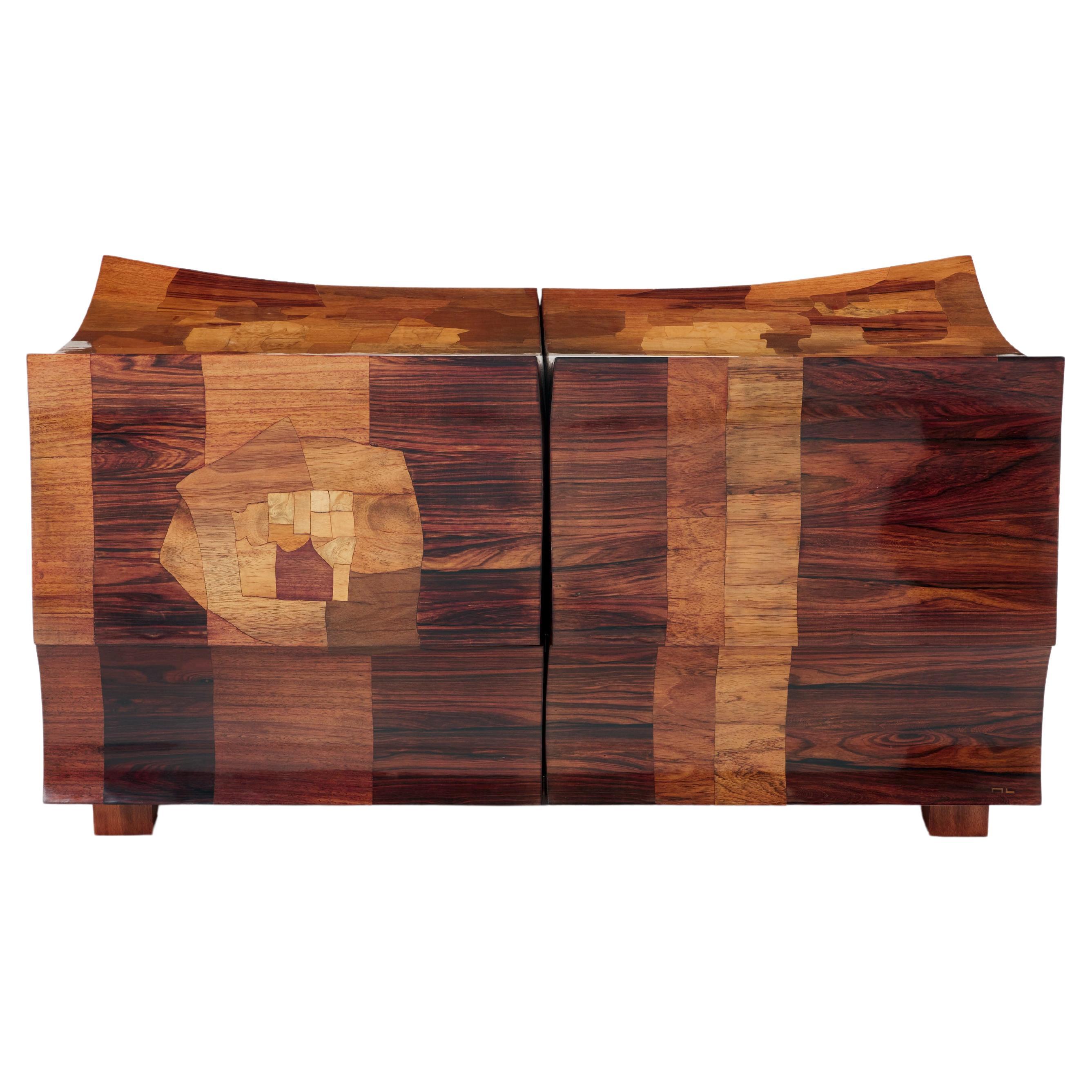 Michel Lefevre veneer marquetry cabinet bar chest 1960 For Sale