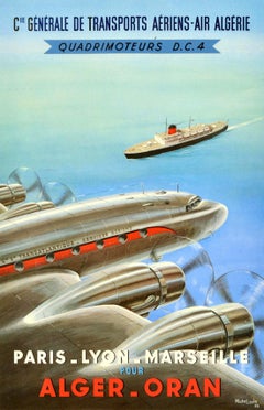 Original Vintage Travel Poster Alger Oran Air Algerian Airways Douglas DC-4