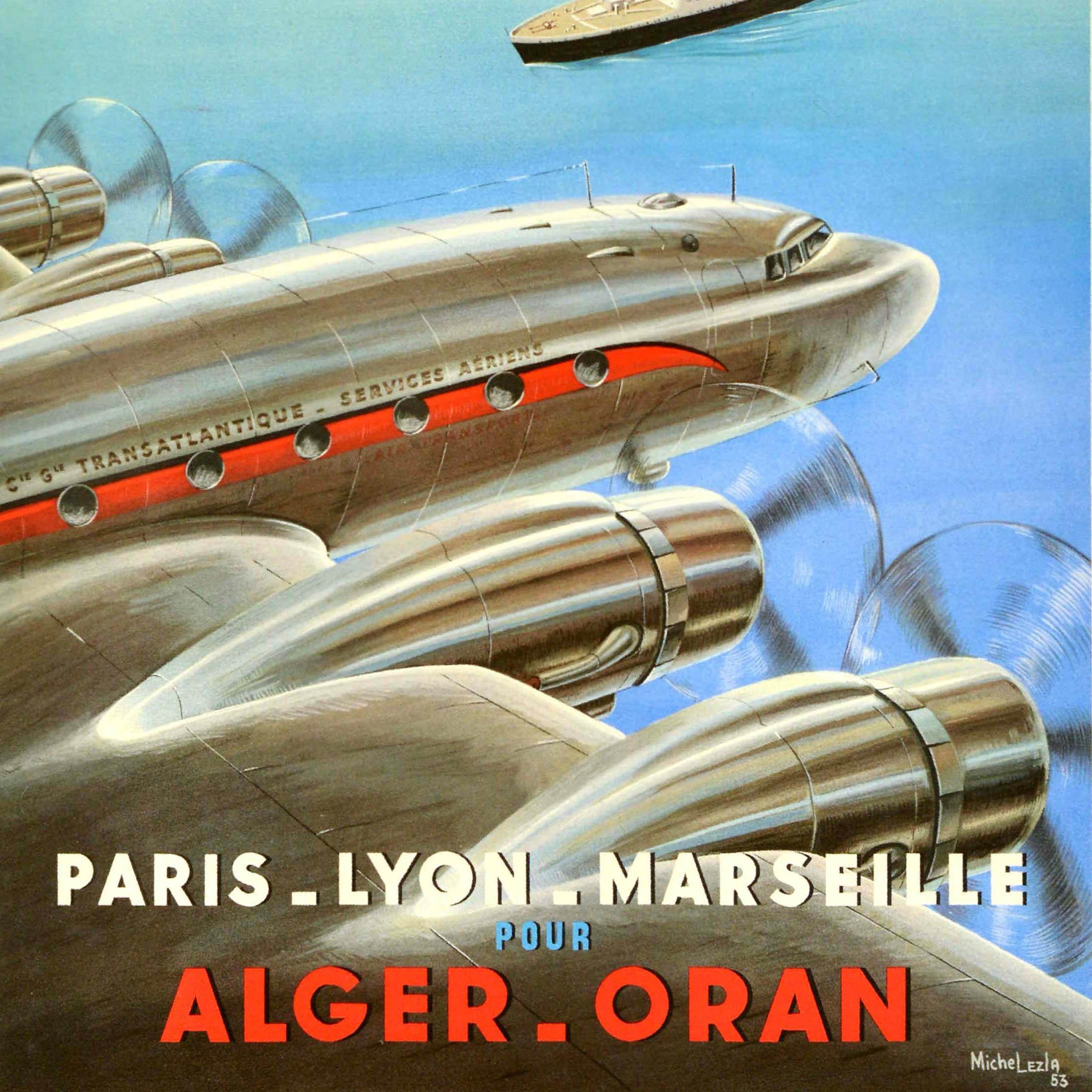 Original Vintage Travel Poster Alger Oran Air Algerian Airways Douglas DC-4 - Gray Print by Michel Lezla