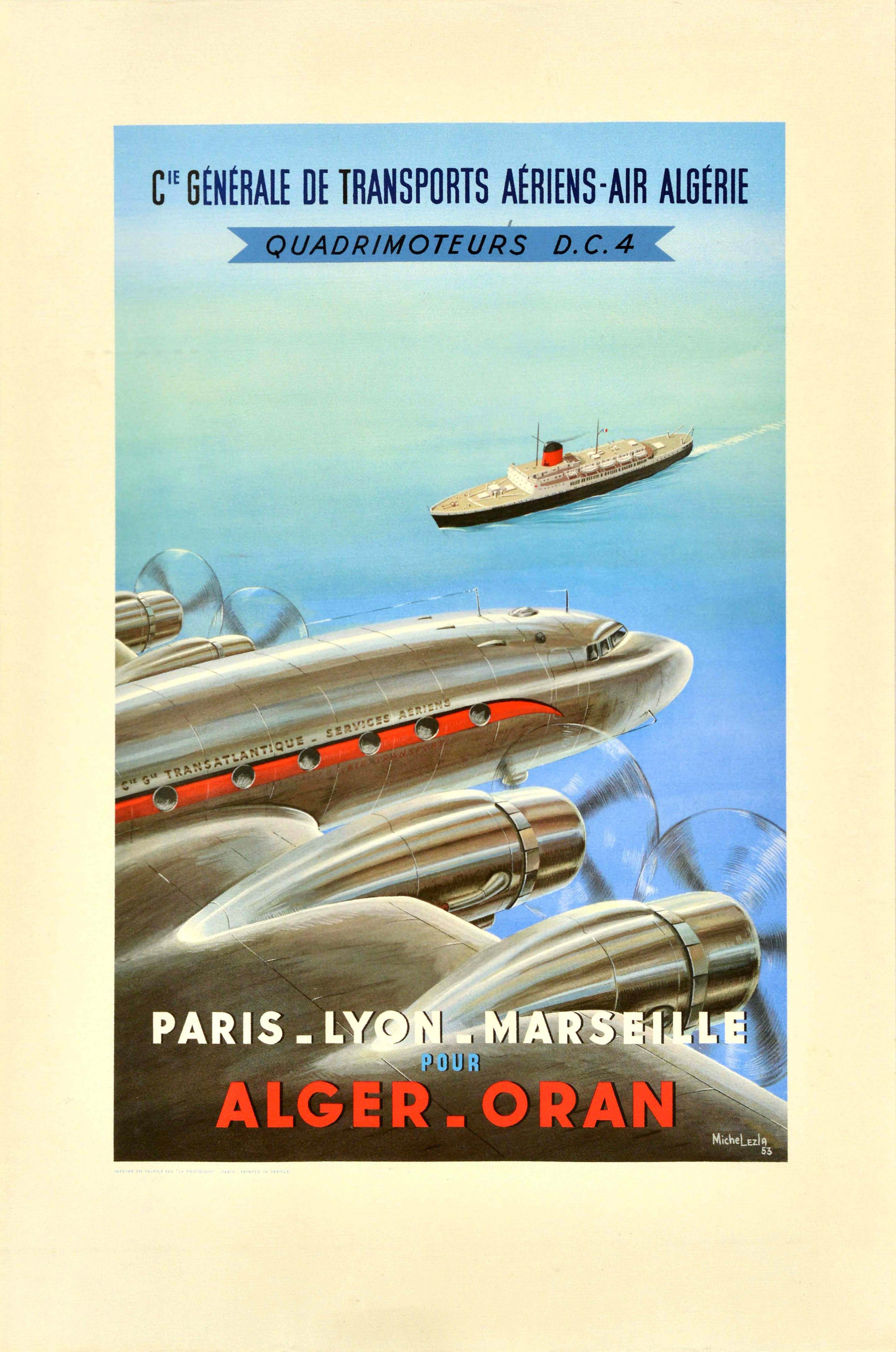 Michel Lezla Print - Original Vintage Travel Poster Alger Oran Air Algerian Airways Douglas DC-4