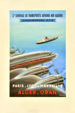 Original Retro Travel Poster Alger Oran Air Algerian Airways Douglas DC-4