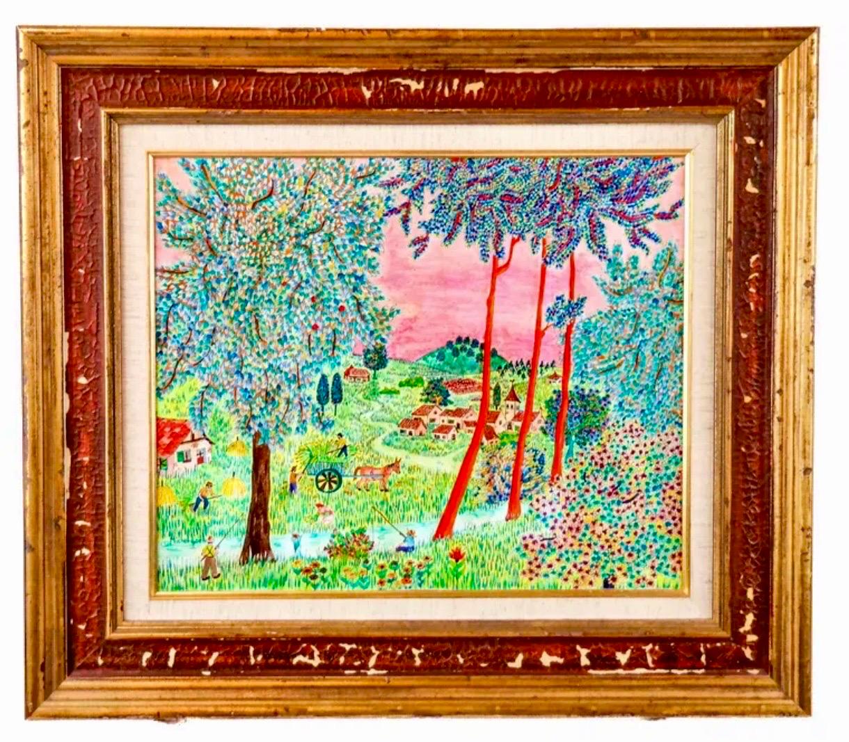 French Naive, Fauvist Oil on Panel Painting "Le Petit Clocher" Michel Loeb