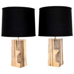 Michel Mangematin Cast Bronze Sculptural Pair of French Table Lamps, circa 1970