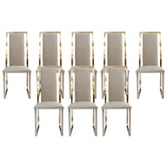 Michel Mangematin Midcentury Set of Eight Steel and Brass French Chairs