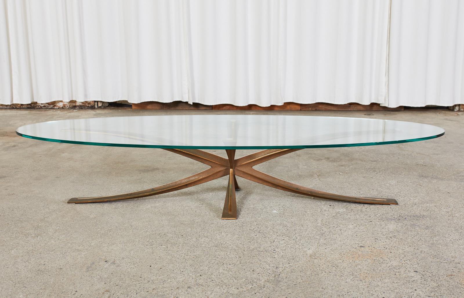 French Michel Mangematin Oval Bronze Star Cocktail Coffee Table For Sale