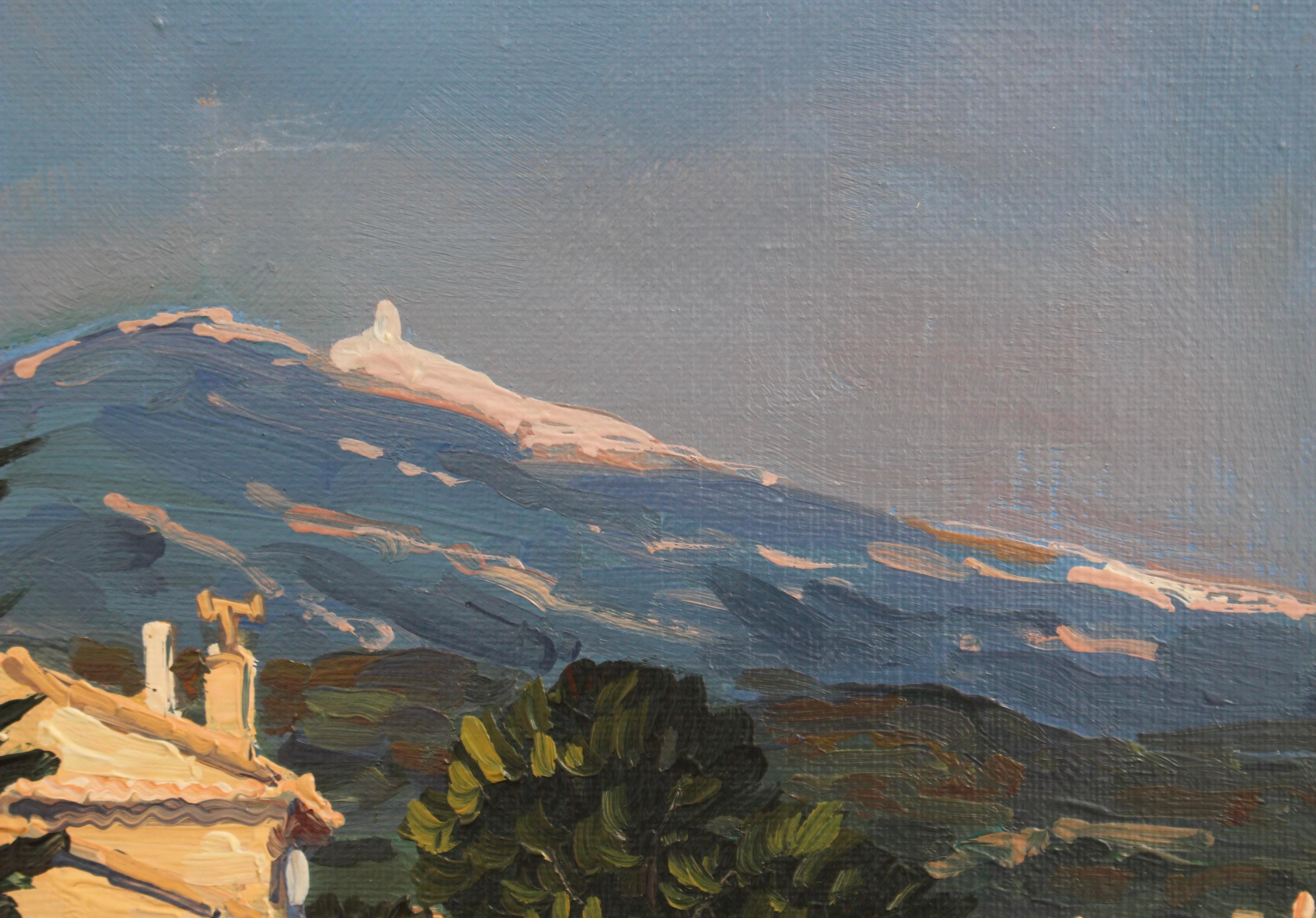 'View of Mont Ventoux Under the Provence Sky', oil on canvas, by Michel Margueray (circa 2000). Mont Ventoux is the highest peak in Provence, not far from Orange and Avignon and the well known wine towns of the Southern Rhone valley. It has gained