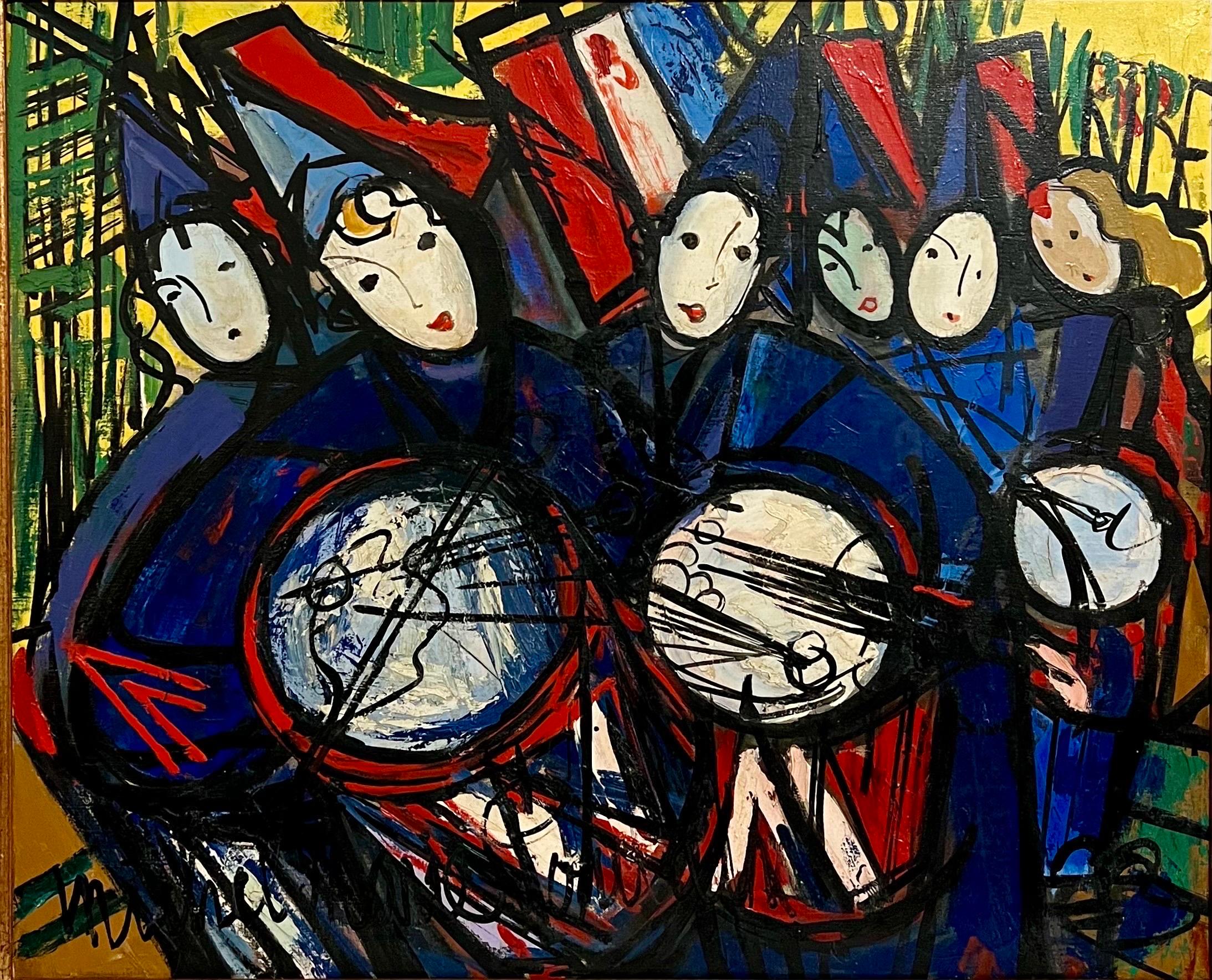Großes farbenfrohes französisches Ölgemälde aus der Mitte des Jahrhunderts Michel Marie Poulan Marching Band – Painting von Michel Marie Poulain