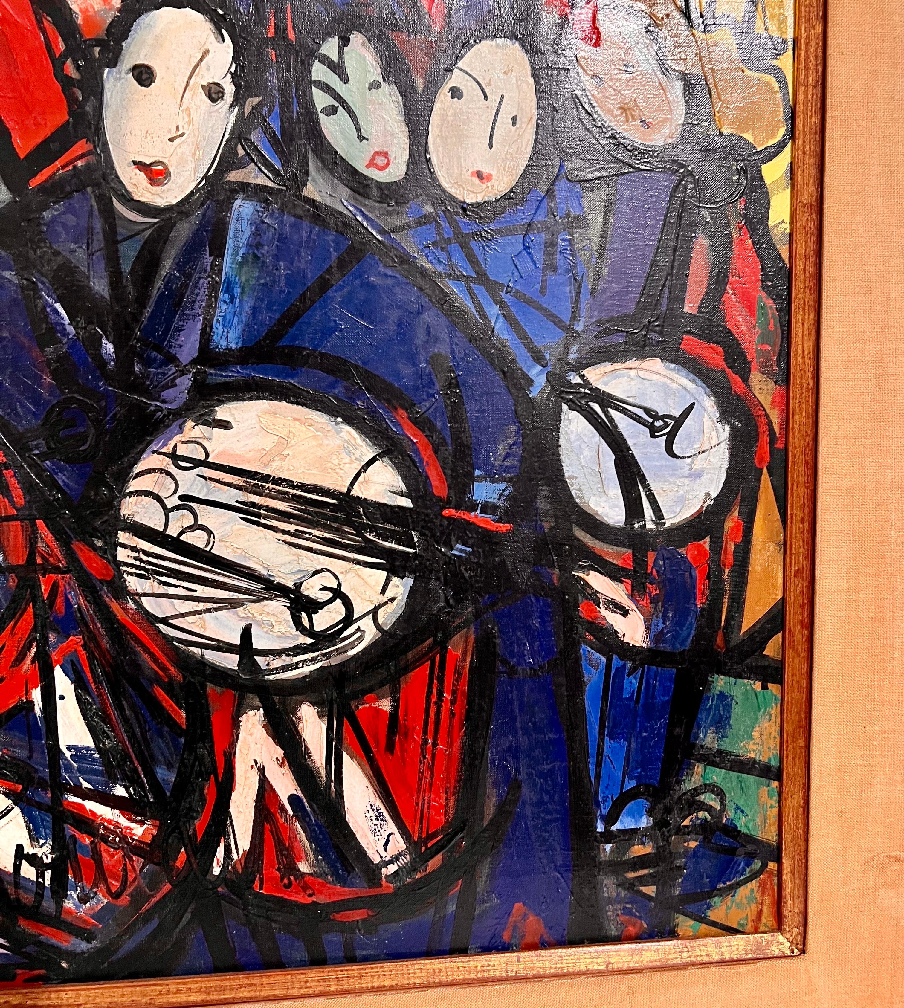 Large Colorful French Mid Century Oil Painting Michel Marie Poulan Marching Band - Black Figurative Painting by Michel Marie Poulain