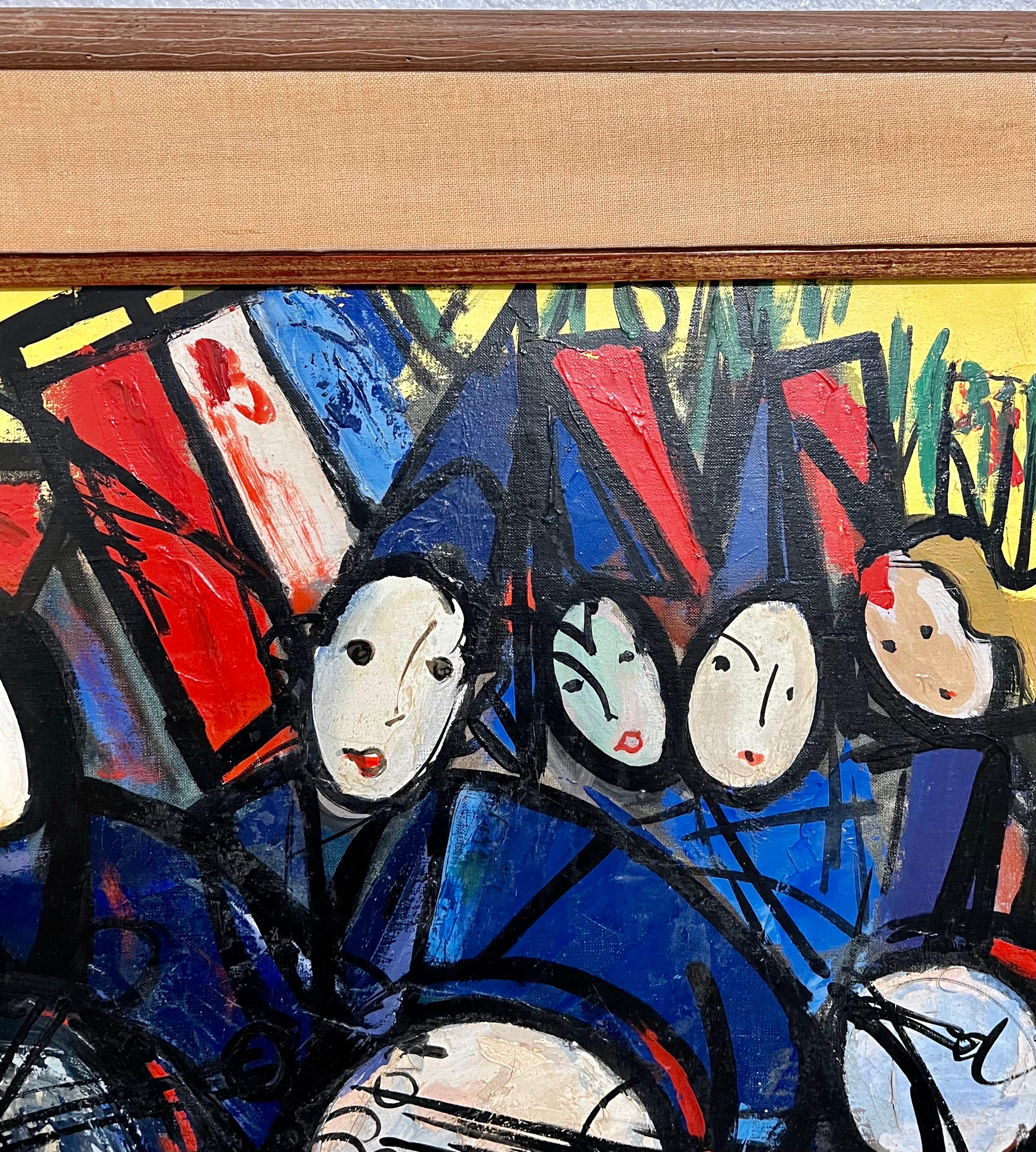 Grande peinture à l'huile française colorée du milieu du siècle Michel Marie Poulan - Bande de Marché en vente 1