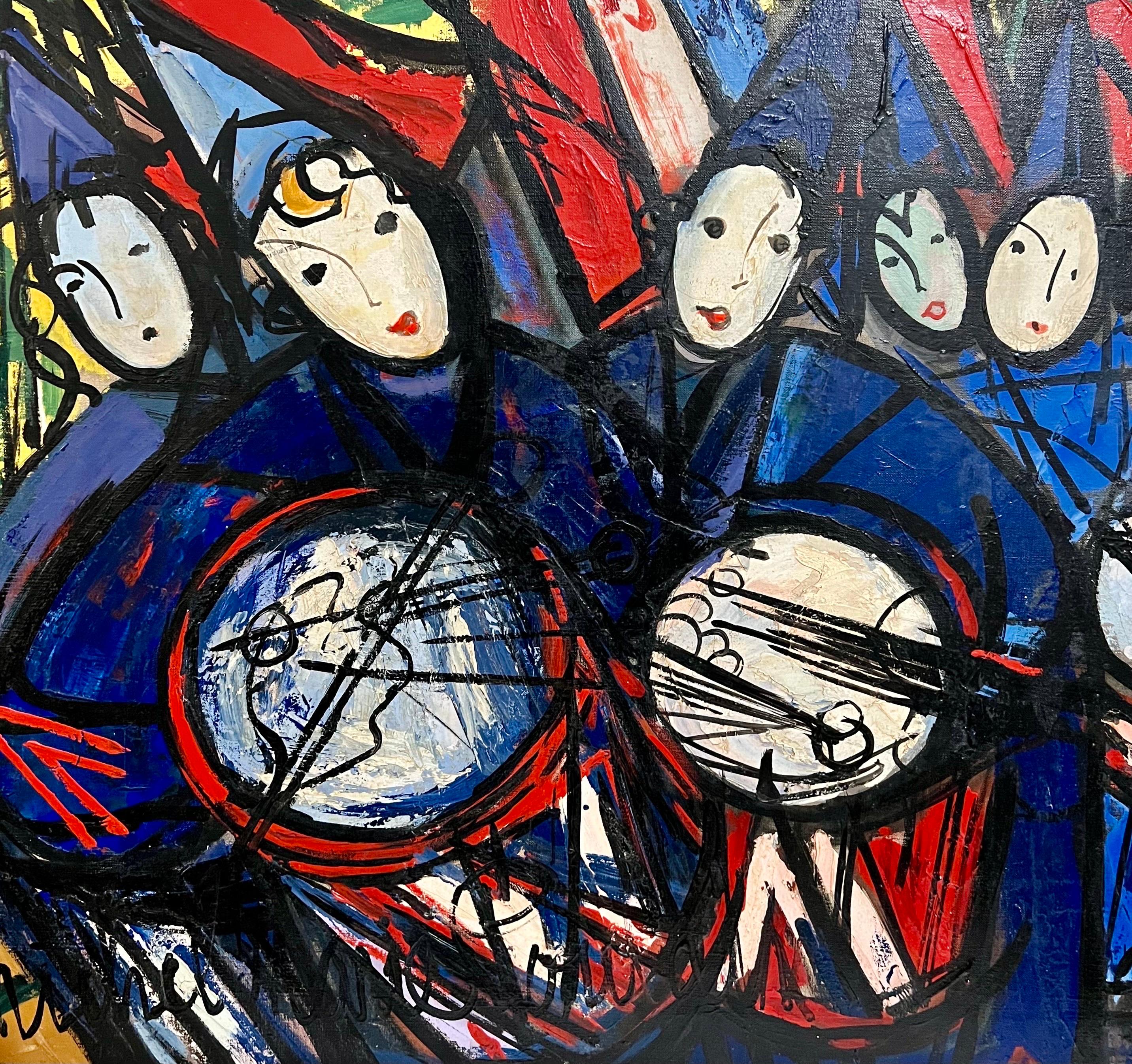 Grande peinture à l'huile française colorée du milieu du siècle Michel Marie Poulan - Bande de Marché en vente 2