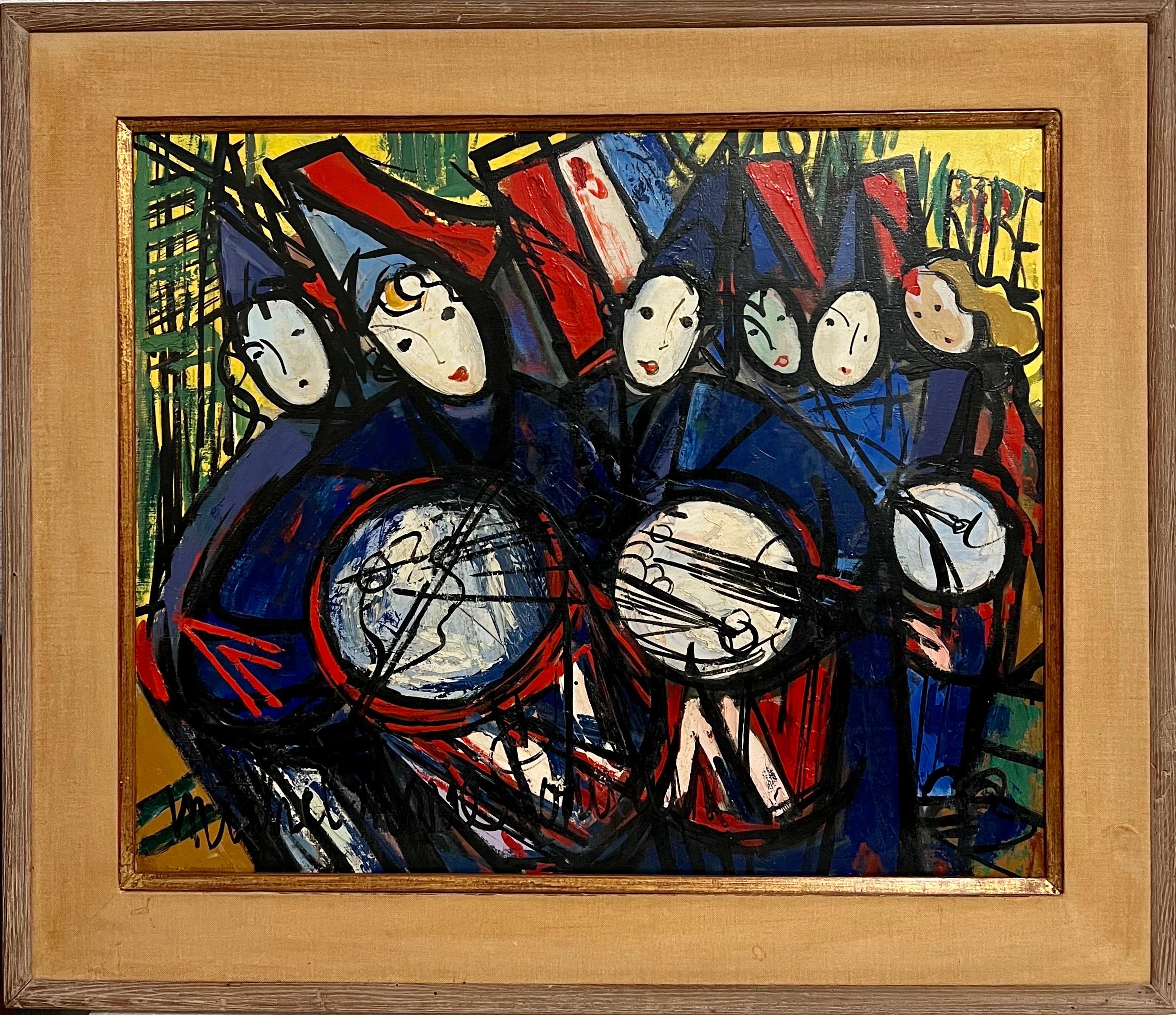 Michel Marie Poulain Figurative Painting – Großes farbenfrohes französisches Ölgemälde aus der Mitte des Jahrhunderts Michel Marie Poulan Marching Band