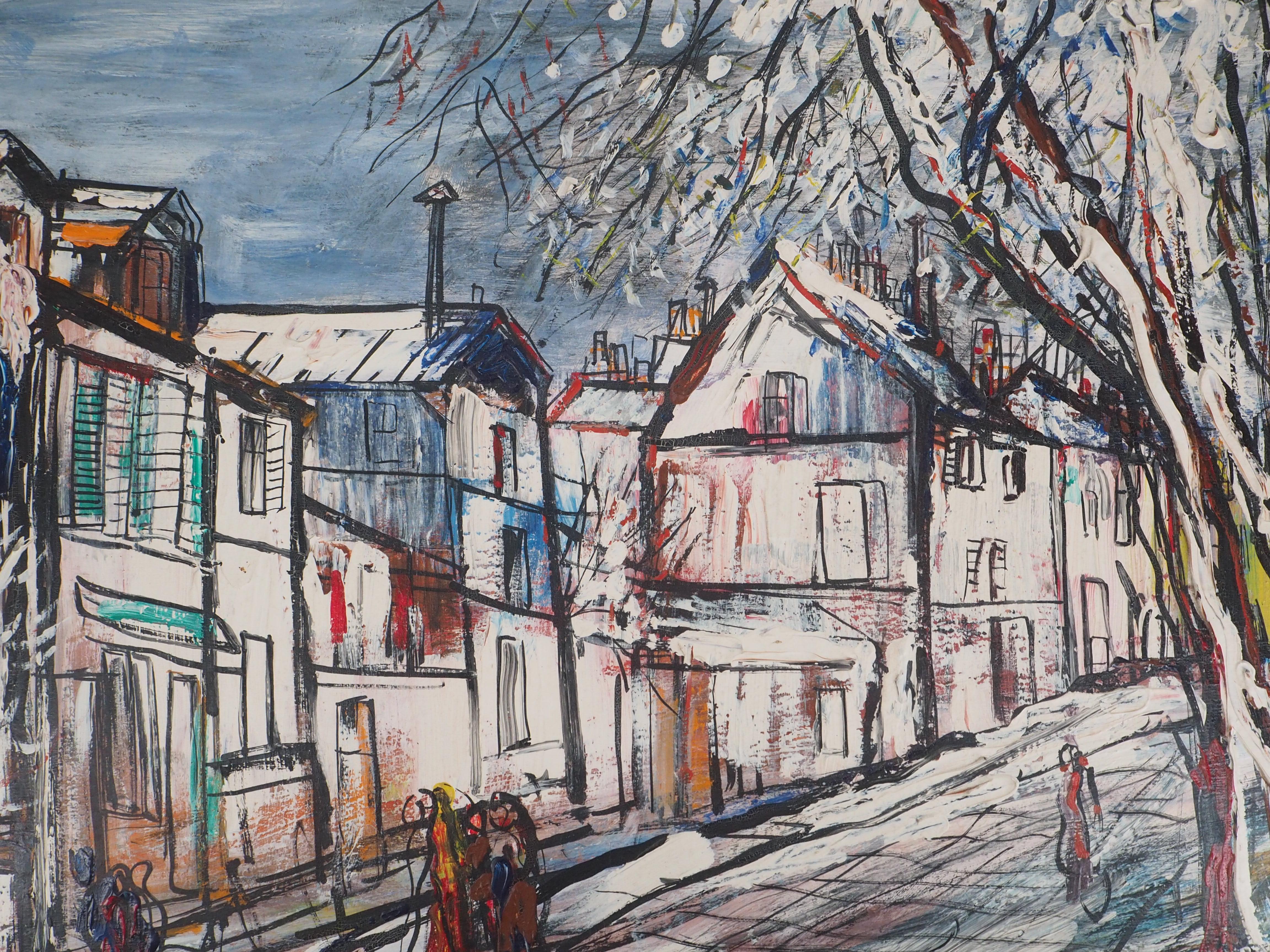 Michel Marie POULAIN
Paris : Snow in Montmartre, 1969

Original oil on wood panel
Handsigned in the lower left corner
Signed, dated and titled on the back
On wood panel 65 x 81 cm (c. 26 x 32 inch)
Presented in golden wood frame 89 x 105 cm (c. 36 x