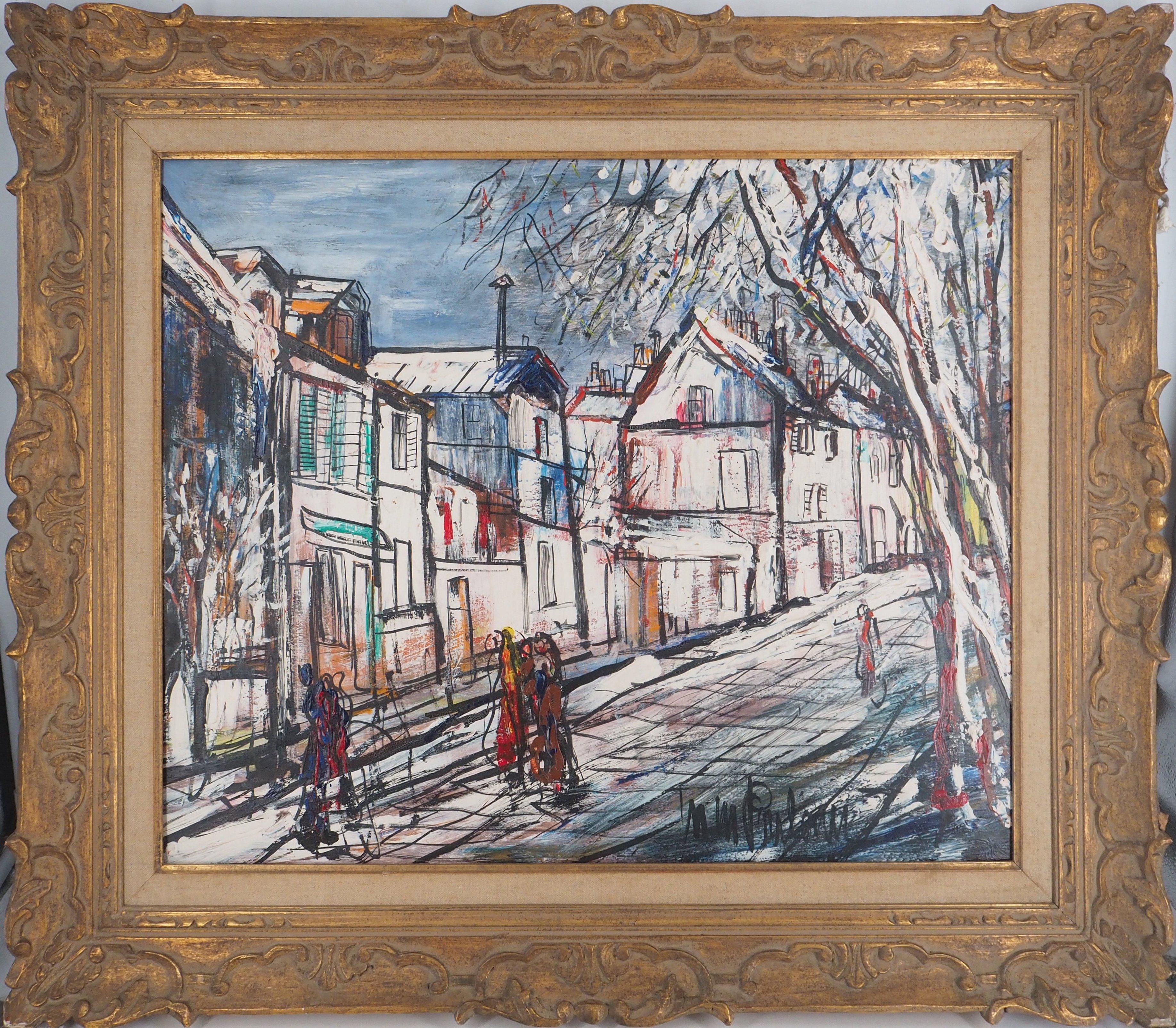 Michel-Marie Poulain Interior Painting - Paris : Snow in Montmartre - Tall Original Oil Painting, Signed