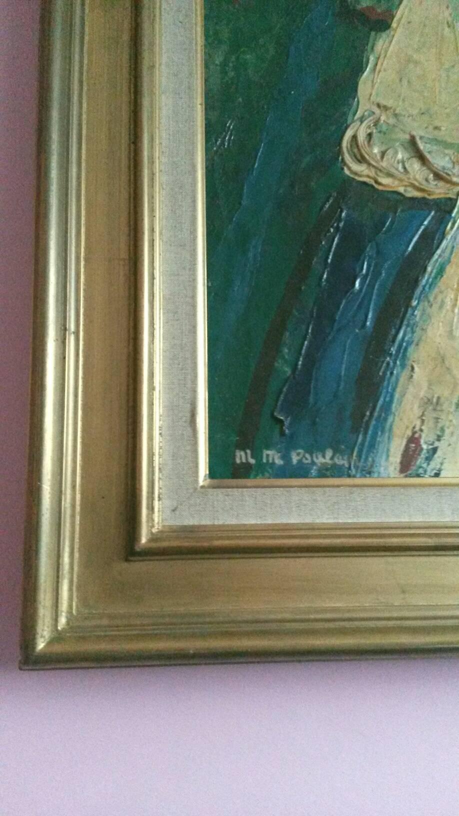 Par un célèbre artiste français transgenre,  Michel Marie Poulain (Né à Paris le 5 décembre 1906. Décédé  1991) cette rare huile sur toile   il représente la Reine et son enfant dans un style de certains des   L'œuvre de Marc Chagall.
Le tableau est