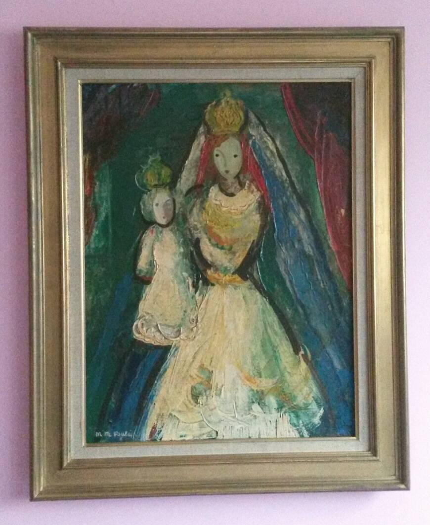 By French famous Transgender artist,  Michel Marie Poulain (Born Paris December 5, 1906. Died  1991) this rare oil on canvas   it represents the Queen and her child in a style of some of   Marc Chagall's work.
The painting is in excellent condition,