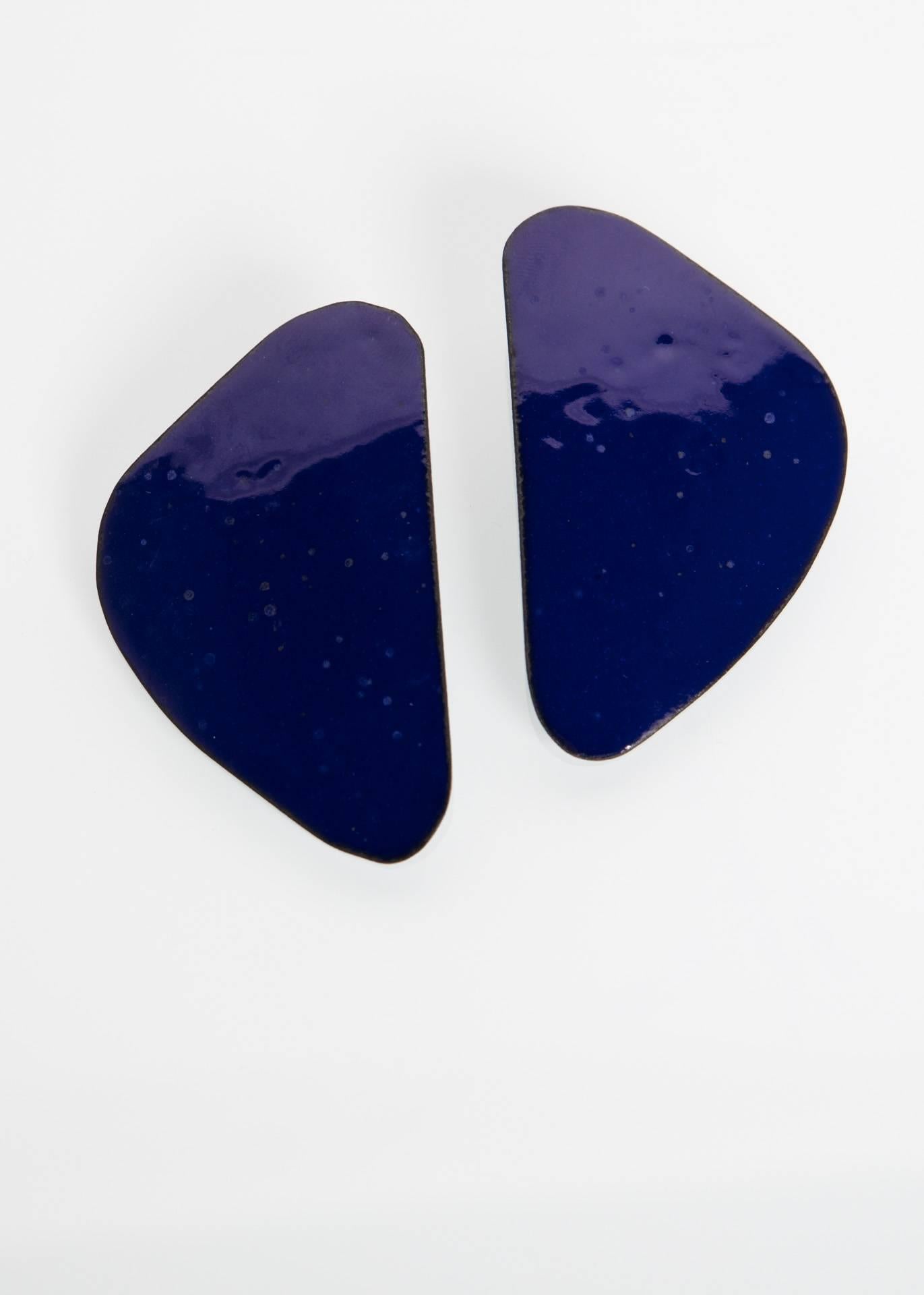 Artist Michel McNabb for Basha Gold Large Blue Enamel Triangle Earrings For Sale